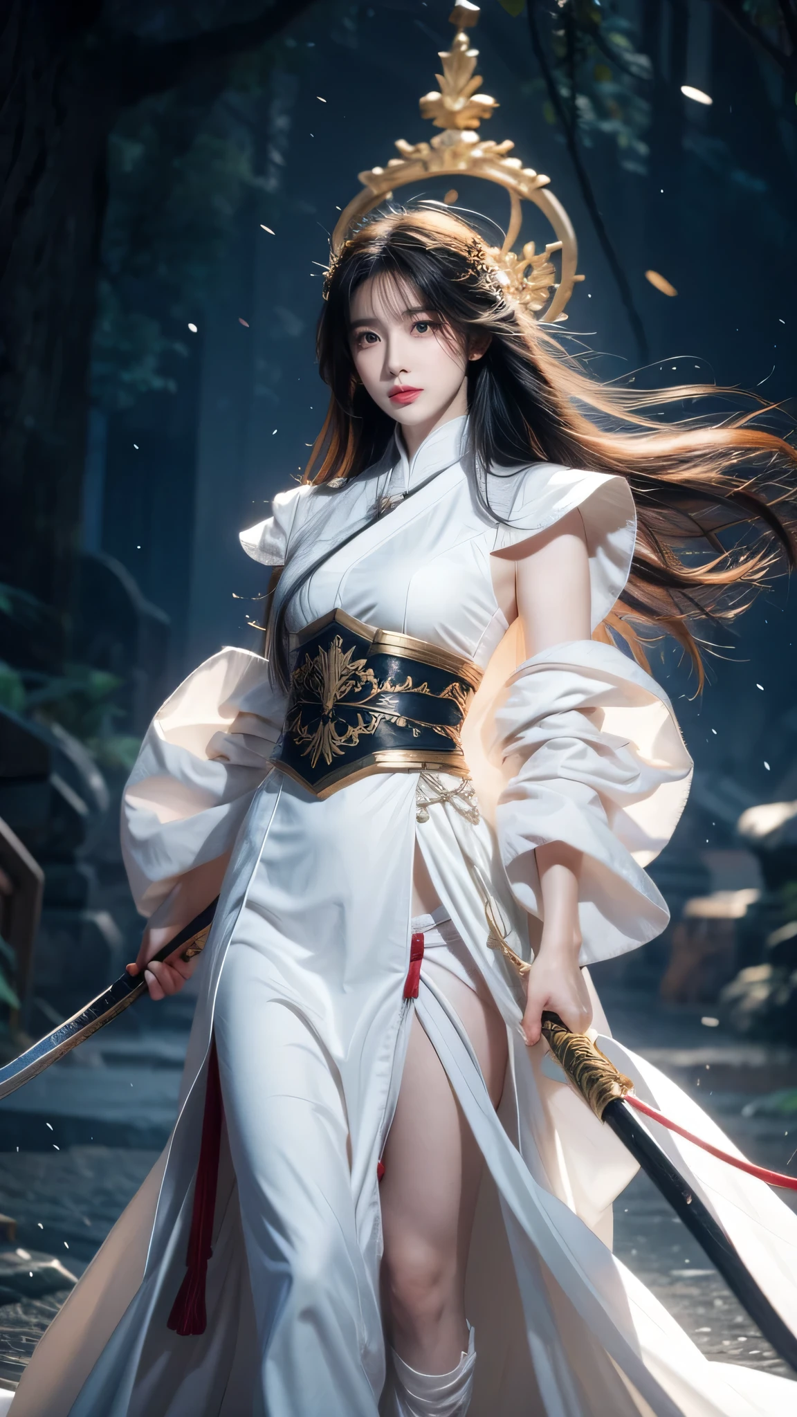 Wearing a white dress、Close-up of woman holding sword, Portrait of Yang Jian, Popular on CGSociety, Fantasy Art, Beautiful character painting, Artwork in the style of Guweiz, guweiz, White Hanfu, flowing white robe, Full body martial arts, Epic and beautiful character art, Stunning character art, beautiful female assassin