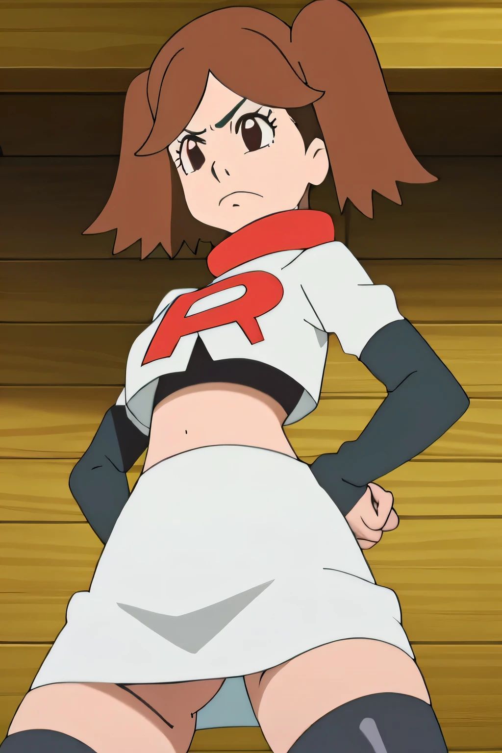 masterpiece,best quality,high res,high quality,8k, masterpiece,highres, team rocket uniform, red letter r, white skirt,white crop top,black thigh-high boots, black elbow gloves, glaring angrily, looking down at viewer, hands on hips, cowboy shot, zettai ryouiki,spread legs,from below, black panties,anime style, vivid colors, sharp focus, intense lighting,namida suzameno,two braids,brown hair,brown eyes