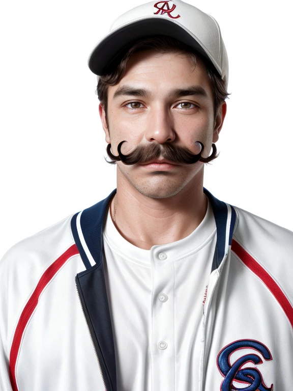 The man with mustache, baseball jacket,baseball shirt,white background