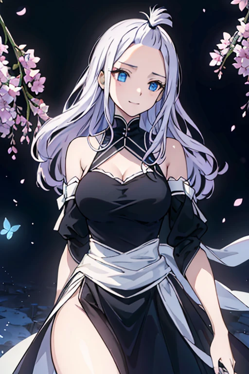 (best quality,4k,8k,highres,masterpiece:1.2),ultra-detailed,realistic,photorealistic:1.37,mirajane Strauss with a beautiful smile wearing a sexy black dress,sparkling blue eyes, long silver hair flowing down her back, graceful and confident stance, surrounded by ethereal lavender flowers and glowing butterflies, soft sunlight casting a warm and gentle glow on her face, flawless and porcelain-like skin, delicate black lace details on the dress, showcasing her elegant figure, a mysterious and enchanting atmosphere, vibrant colors contrasting with the dark background, capturing the essence of her captivating presence.