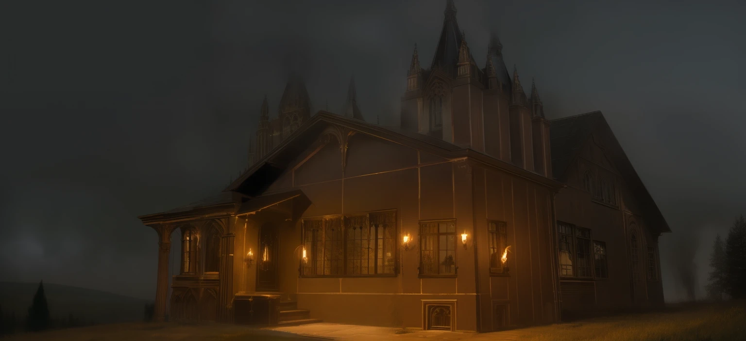 a gothic home is on fire, window bars, victorian home details, gothic architecture details, stone pathway, cut grass, wildflowers, nighttime, fire, lanterns, blue atmosphere