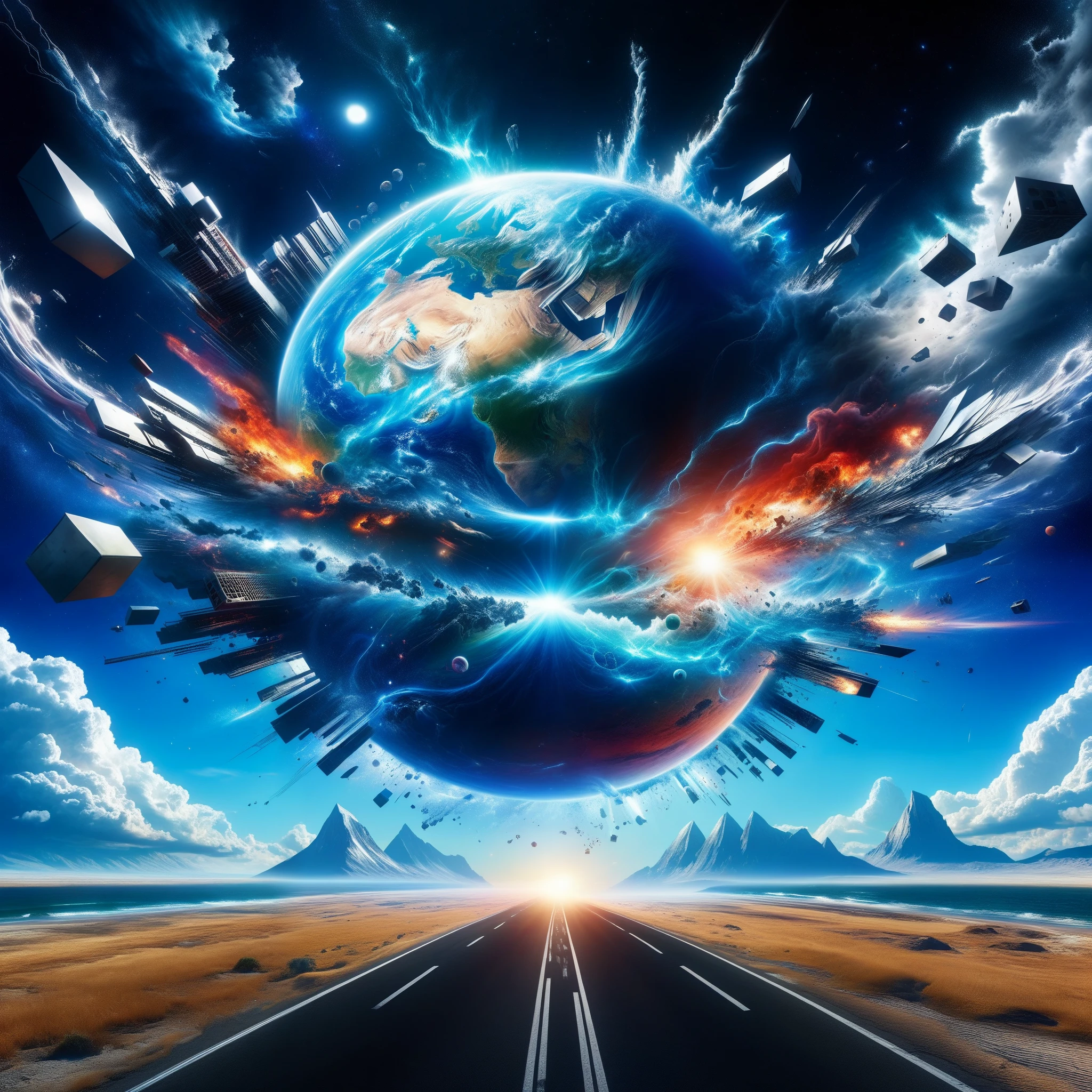 Parallax anomalies distort reality as worlds converge, consumed by the unstoppable forces of entropy. Photorealistic