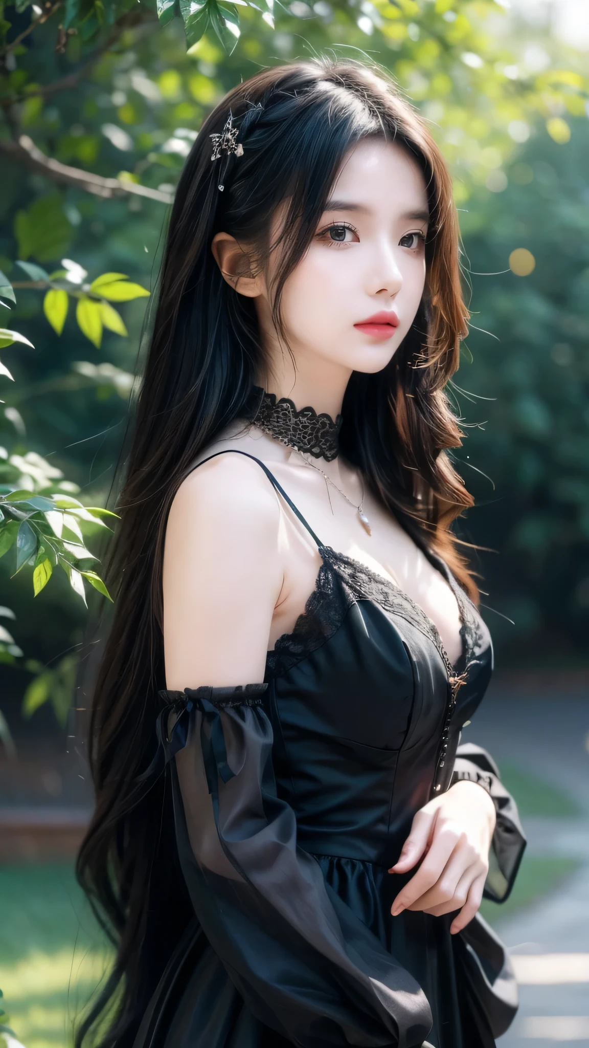 Beautiful woman with perfect body:1.4,layered hairstyle,prominent cleavage,black skirt,Highly detailed facial and skin textures,double eyelids,whiten skin,long hair,Whitened long legs