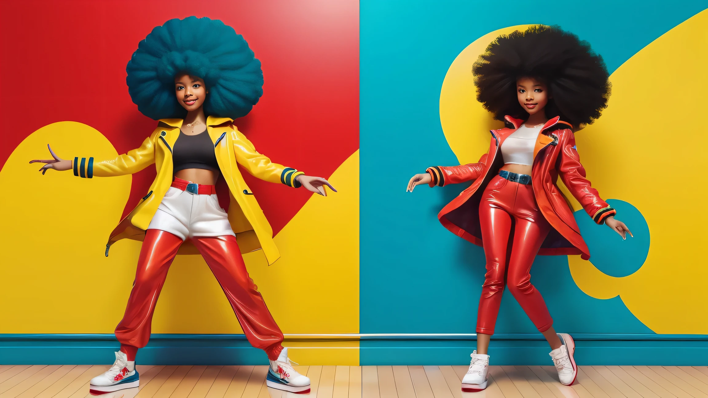 Painting of two full body women with afros in red jackets and yellow pants in the style of illustration, dancing, full body, mirror ball, style digital painting, digital illustration, inspired by Berkeley Hendrix, digital art Illustration, Digital Painting Style, Stylized Digital Illustration, Glossy Digital Painting, Big Afro, Digital Illustration - Red Afro, #1 Digital Painting of All Time