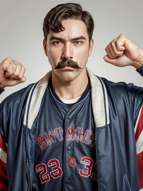 The man with mustache, baseball jacket,baseball shirt,punch the viewer