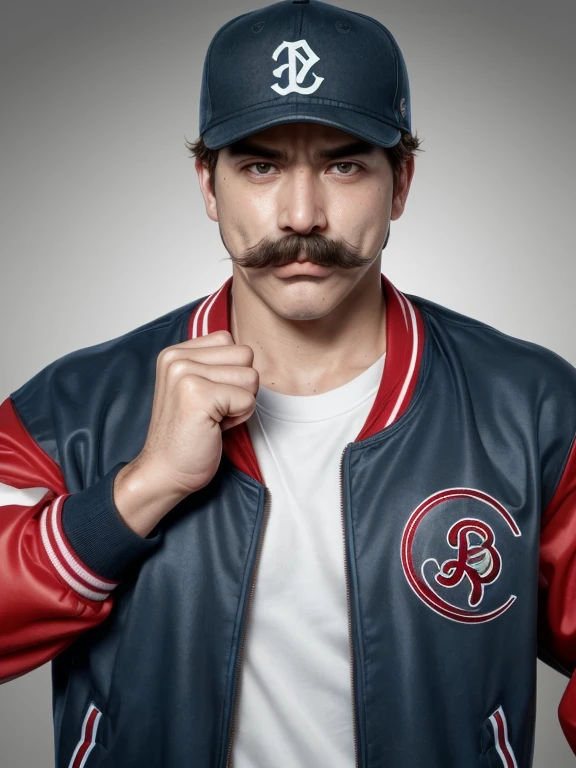 The man with mustache, baseball jacket,baseball shirt,punch the viewer