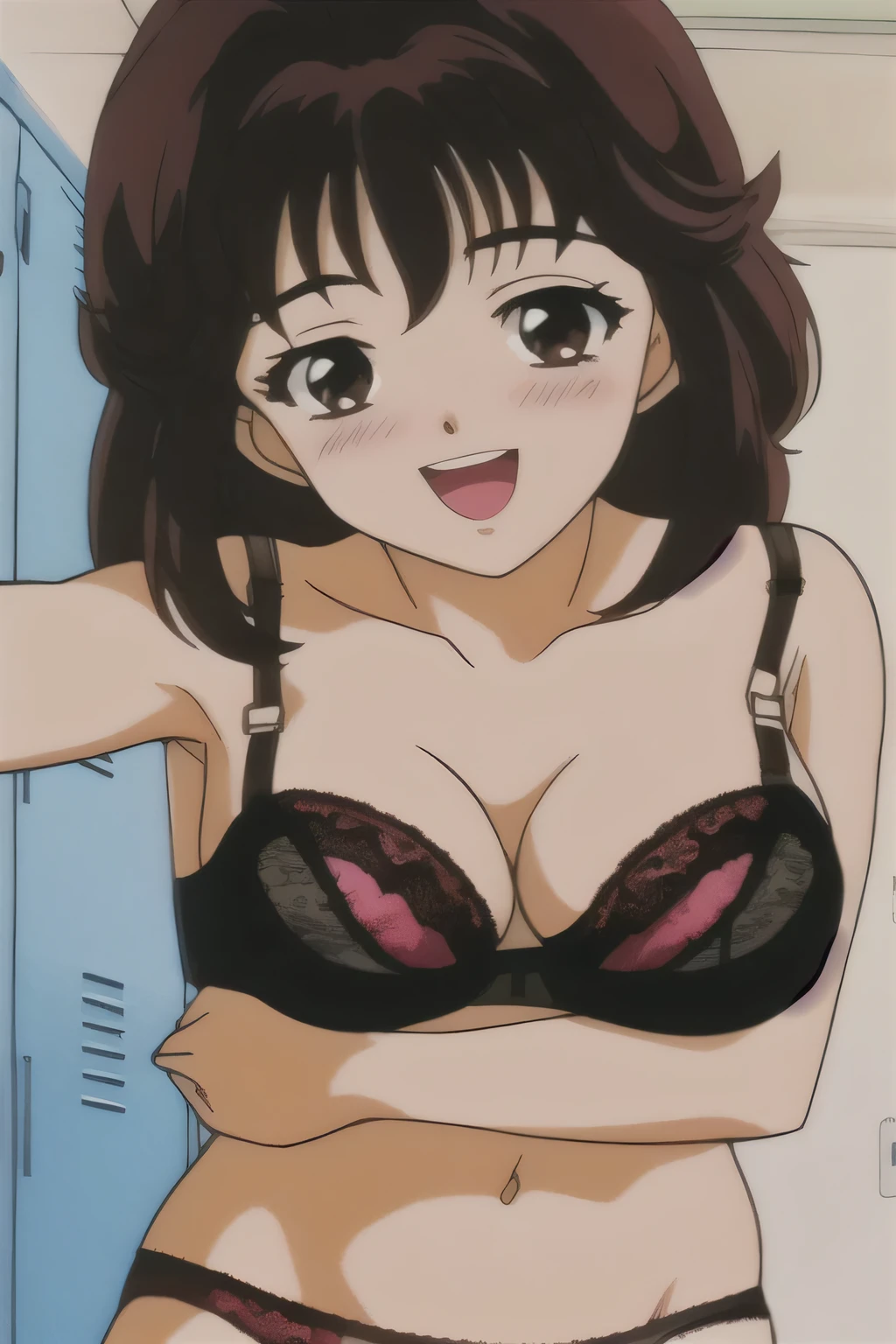 tomoko,length_hair, blush, smile,Open_mouth,Embarrassing,locker room,(((Lace Underwear))),(((Black lace bra))),Michiko_Change clothes,