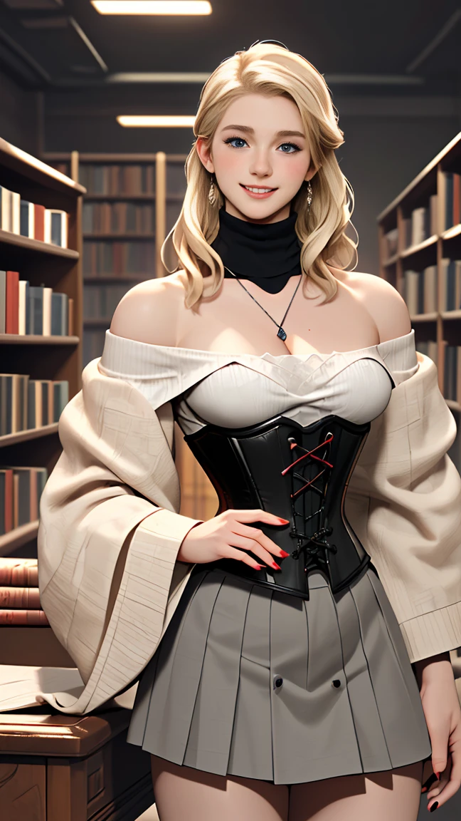 ((最high quality, 8K, masterpiece: 1.3, Ultra HD, high quality, 最high quality, High resolution, realism)) 、25-year-old Caucasian female、Platinum Blonde、blue eyes、long hair、smile、slender、I want my head to stay off screen、On the wrist((最high quality, 8K, masterpiece: 1.3, Ultra HD, high quality, 最high quality, High resolution, realism)) 、25-year-old Caucasian female、Platinum Blonde、blue eyes、long hair、smile、slender、slenderだがアスリートのような細マッチョ、I want my head to stay off screen、On the wristアクセサリー付ける、Wearing red nail polish、I have a peticure、Wearing off-the-shoulder tops that reveal underboob、Cleavage Emphasis、ローライズのデギンスwear、編み上げサンダルwear、Gray background、smileアクセサリー付ける、Wearing red nail polish、I have a peticure、Off-turtle neck((off-turtle neck))Wear a top from、Corset skirt((corset skirt))wear、ピンヒールwear、ストッキングwear、I'm in the stacks of a library with a sense of history