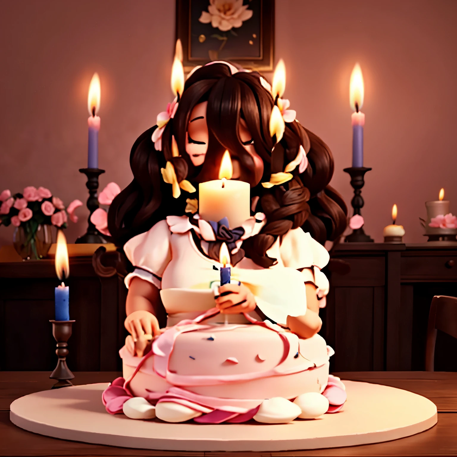 Chubby woman sitting very smiling with a black blouse with many pink flowers, her long brown hair pulled back without headbands or anything, watching her spark candle on her white birthday cake with pink dots and the background is plain BROWN more brown the fonMAS CAFÉ THE BACKGROUND AND HIGHLIGHT THE CANDLE ON THE CAKE MORE WITH A LONG FLAME