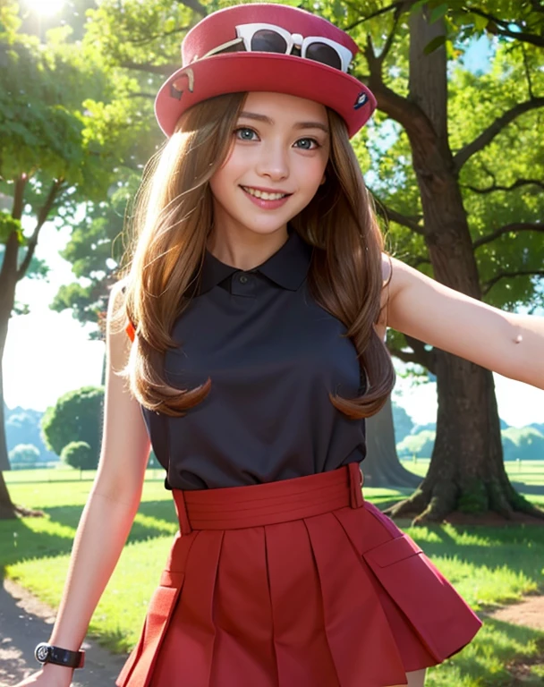 hyper realistic, (masterpiece:1.4), ((best quality)), (detailed), absurdres, 4k, teen, serena \(pokemon\), solo, pretty 1girl, blue eyes, hat, eyewear on headwear, black shirt, sleeveless shirt, red skirt, red high-waist skirt, thighhighs, detailed eyes, detailed face, shiny skin, looking at viewer, smile, teeth, outdoors, sky, pose, cowboy shot, on the forest, modeling