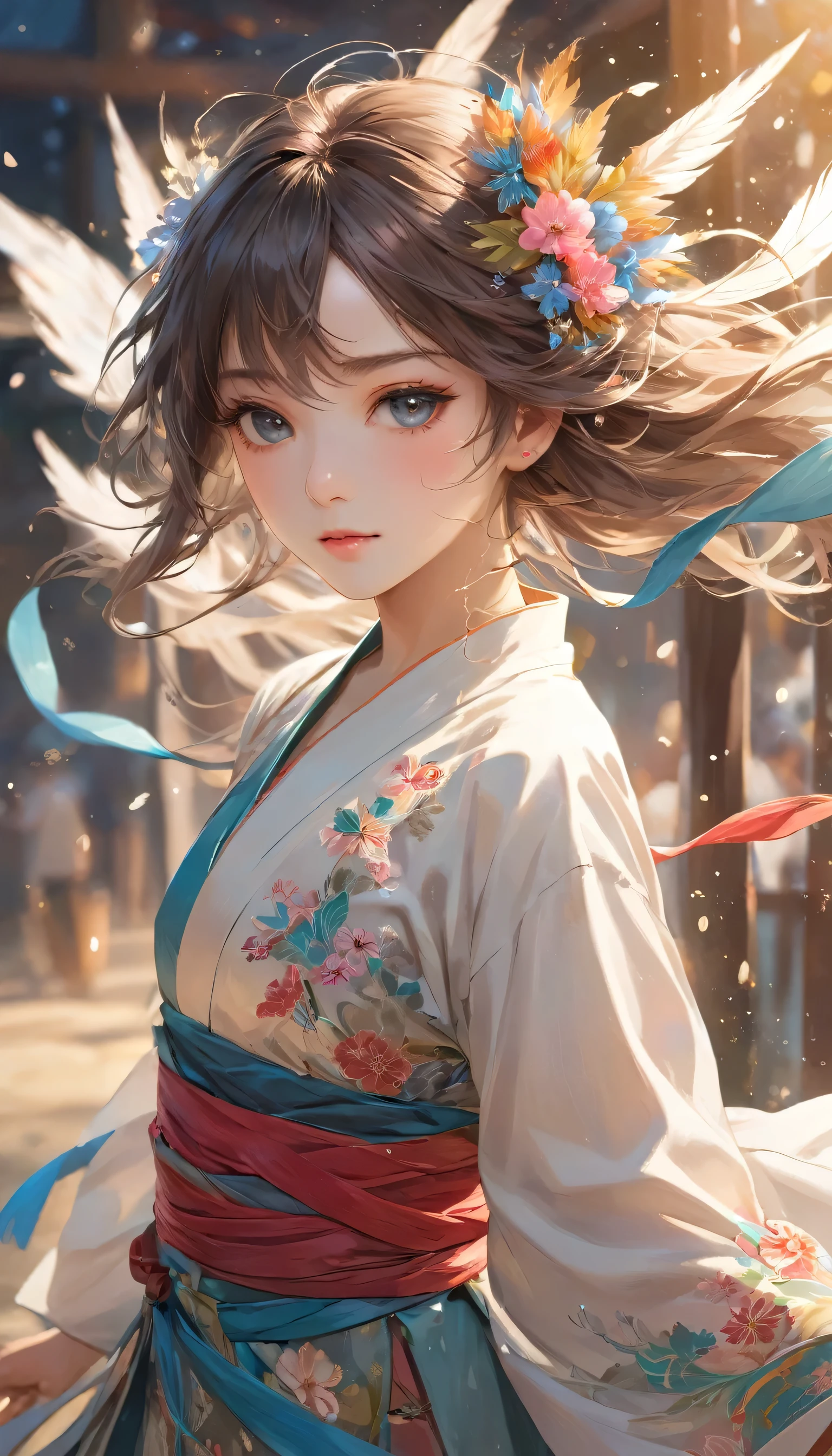 Holding a sword,A swordsman ready to fight,She is dressed as a female dancer.,Ready your sword,An illustration,animation,The swordsman disguised himself as a woman to lure his enemies off guard.,Beautiful and cool,Neutral facial features,Empty sake barrel,Dancer's costume:detailed,Wide range of colors,colorful,rendering,Colorful,Cast a colorful spell,Battle scene effects that liven up the battle,Focus on the swordsman,Fight with swords:Metal Reflection:Straight blade:sword,highest quality,best masterpiece,Complex details,flash,Very flash,Beautiful light and shadow,rendering,Zentangle Elements,Wind effects,masterpiece,best masterpiece,Carefully and boldly,dynamic,