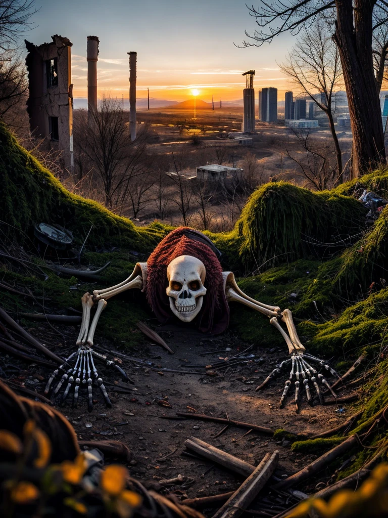 18-year-old Skeleton Doomsday Costume, (Epic post apocalyptic destroyed city overgrown ruins), Detailed background,  Red Eyes, close up, Stunning fine details, original photo, Nikon D850 film stock photos Kodak Portra 400 camera f1.6 shots, Rich colors, Lifelike textures, Dramatic Lighting, Unreal Engine, Popular on artstation, CineStill 800 Tungsten, ((A new dawn on the horizon))