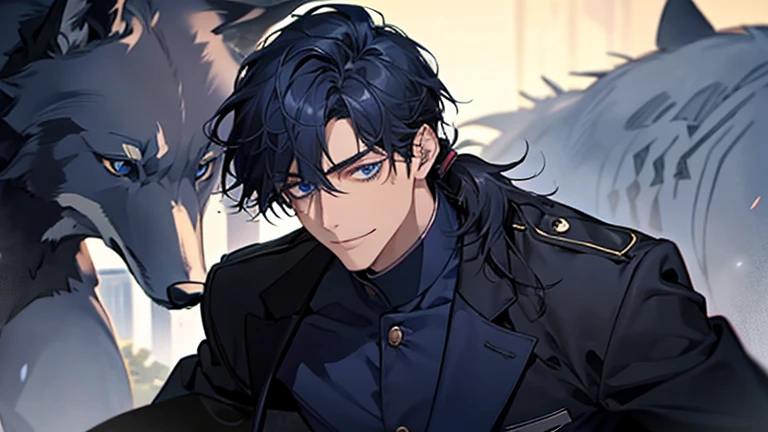 masterpiece, highest quality, one person,There'There'there's no one behind me, male,Navy Blue Hair, Low Ponytail,Black and navy blue pilot suit,expensive,,Carrying wolves,He has a navy blue coat draped over his shoulders,,dark blue eyes,Calm,smile,With the wolf,dawn