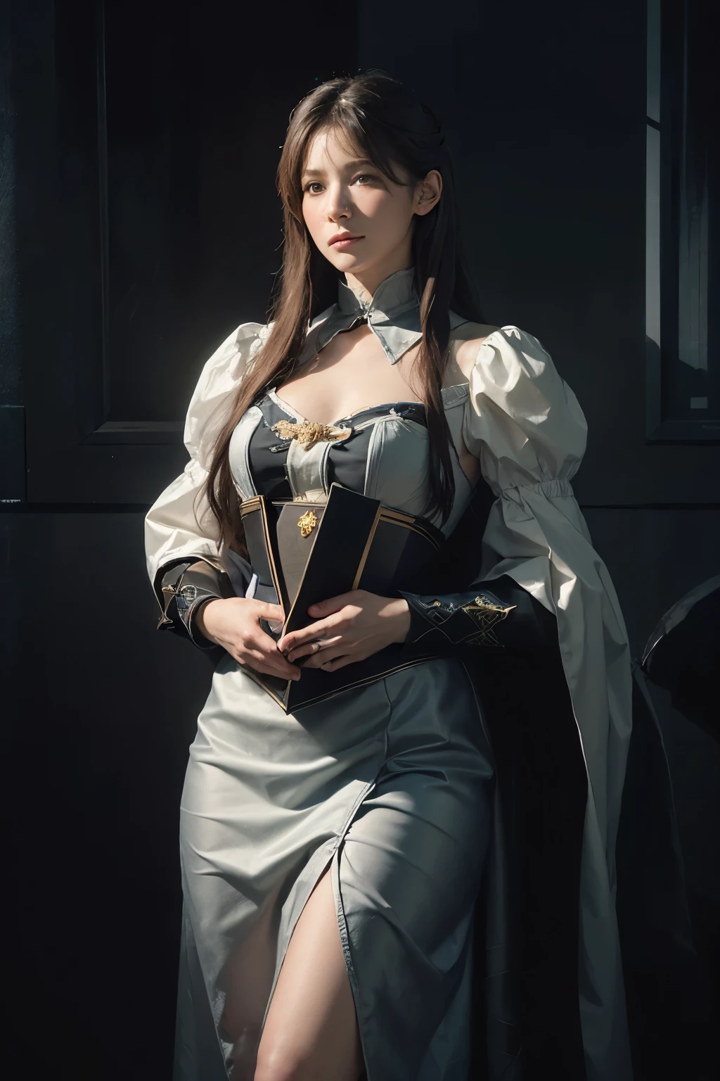(front focus), (in the dark:1.6), Hyperrealist portrait of female by david hockney and alphonse mucha, fantasy art, photo realistic, dynamic lighting, artstation, poster, volumetric lighting, very detailed faces, 4 k, award winning, 1girl, in the dark, deep shadow, low key, cowboy shot, (official clothing:1.4), long hair, white hair