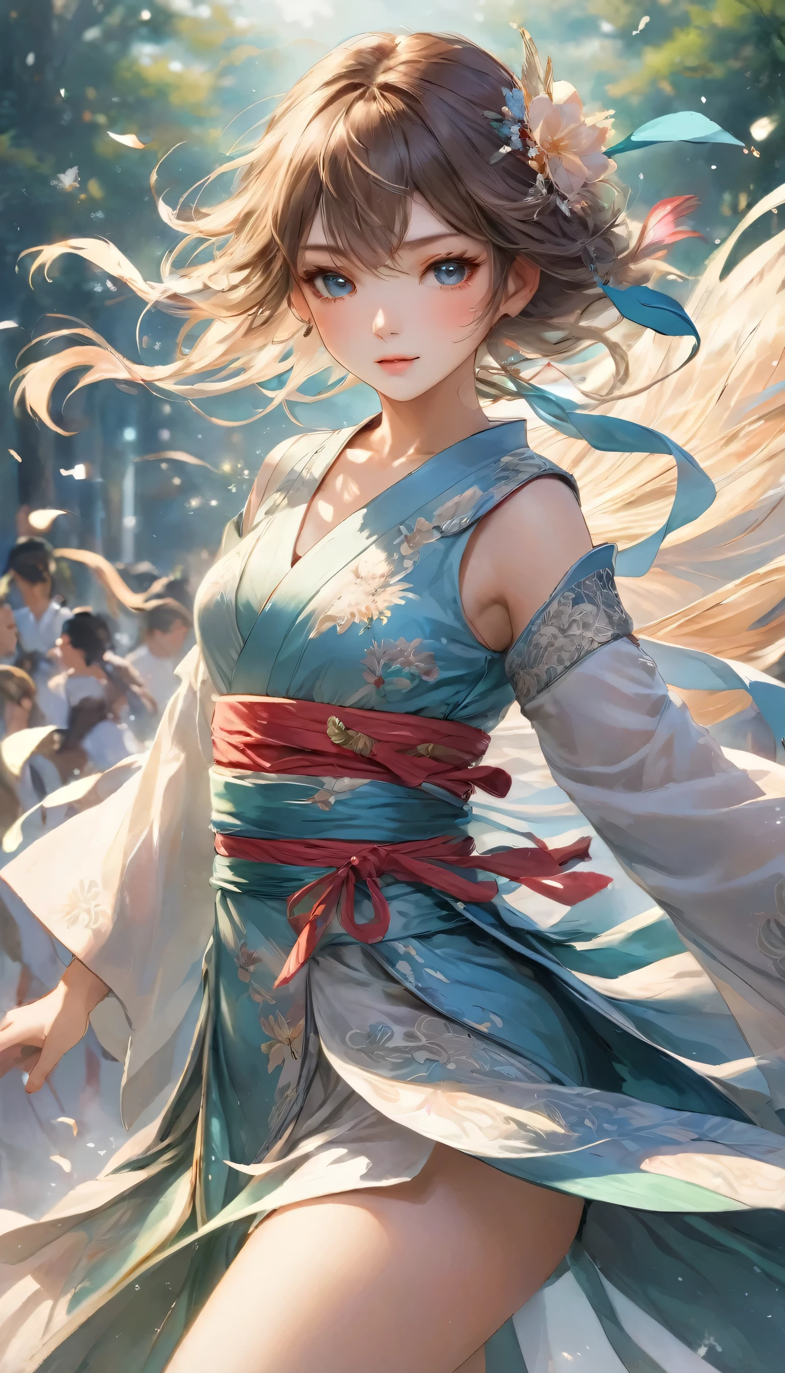 A swordsman ready to fight,She is dressed as a female dancer.,Ready your sword,An illustration,animation,The swordsman disguised himself as a woman to lure his enemies off guard.,Beautiful and cool,Neutral facial features,Empty sake barrel,Dancer's costume:detailed,Wide range of colors,colorful,rendering,Colorful,Cast a colorful spell,Battle scene effects that liven up the battle,Focus on the swordsman,Fight with swords:Metal Reflection:Straight blade:sword,highest quality,best masterpiece,Complex details,flash,Very flash,Beautiful light and shadow,rendering,Zentangle Elements,Wind effects,masterpiece,best masterpiece,Carefully and boldly,dynamic,