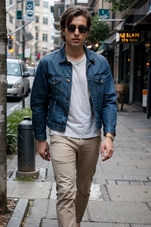 Man with beige pants and denim jacket 