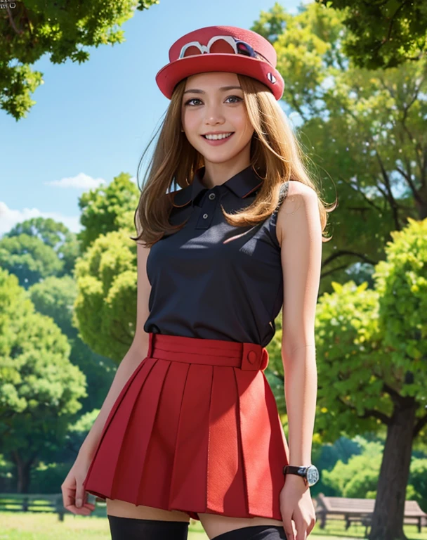 hyper realistic, (masterpiece:1.4), ((best quality)), (detailed), absurdres, 4k, teen, serena \(pokemon\), solo, pretty 1girl, blue eyes, hat, eyewear on headwear, black shirt, sleeveless shirt, red skirt, red high-waist skirt, thighhighs, detailed eyes, detailed face, shiny skin, looking at viewer, smile, teeth, outdoors, sky, pose, cowboy shot, on the forest, modeling