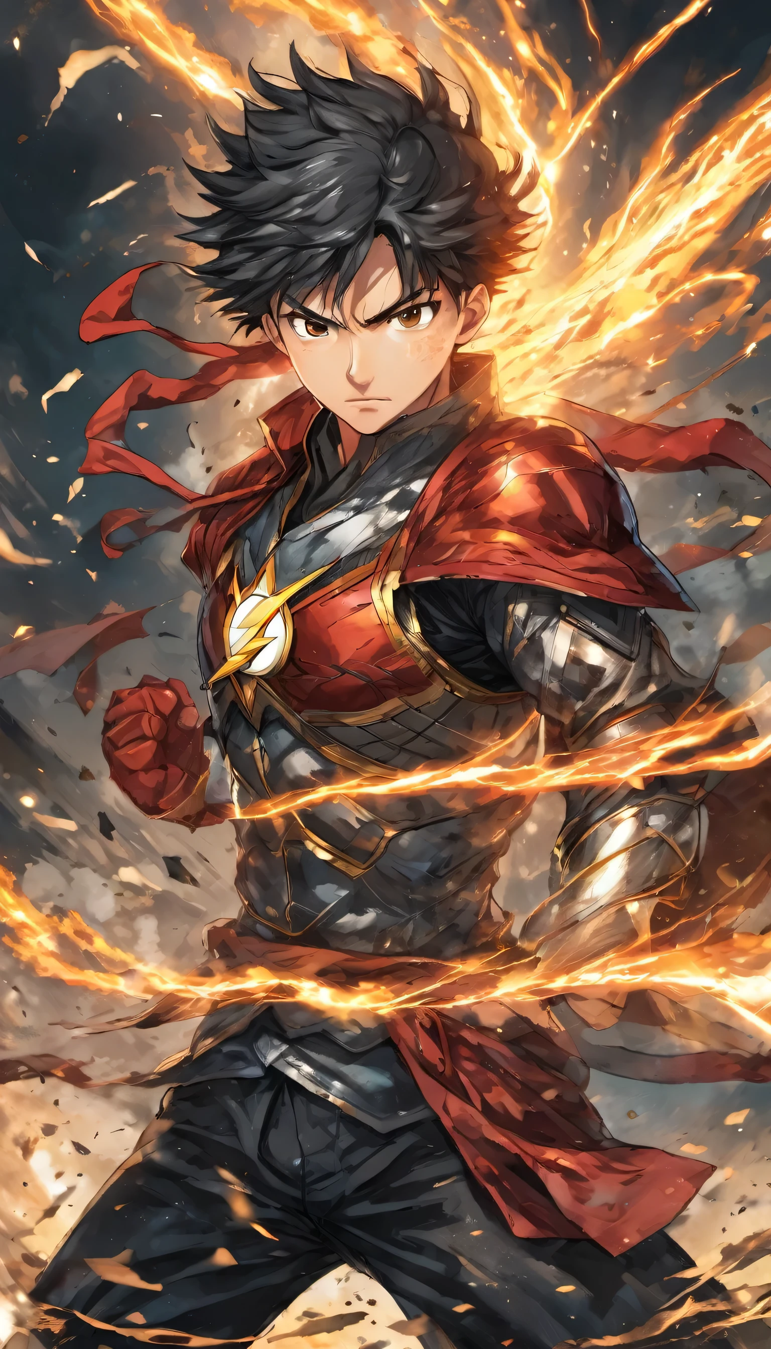 Drawing famous scenes from battle manga:final battle:Cover image:Full Color,Three Views,The main character of the boy'Manga exerts its final strength.、Final boss confrontation scene,mission,Express Wave,Roar,sword,cut,Dirty equipment,anger,He never loses,My friend was defeated,Betting everything on the next blow,Brave,Dim background,flash,Very flash,Beautiful light and shadow,rendering,Zentangle Elements,Wind effects,masterpiece,best masterpiece,Carefully and boldly,dynamic,Comic Performance,Japanese manga style,Japanese style,detailed details,Exciting illustrations,Exciting illustrations,