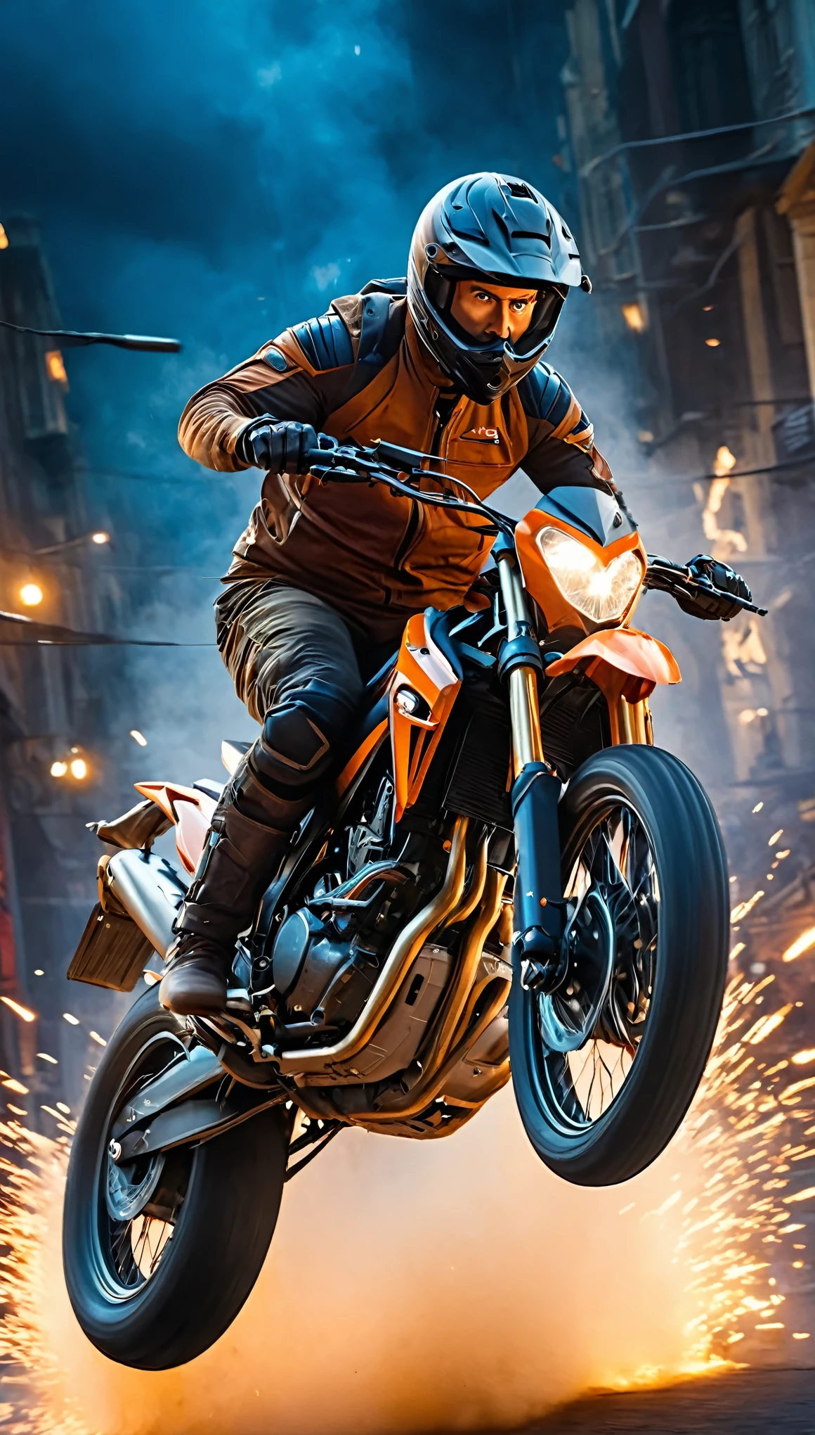 (best quality,4k,8k,highres,masterpiece:1.2),ultra-detailed,(realistic,photorealistic,photo-realistic:1.37),action-packed, intense, thrilling, dynamic, cinematic, adrenaline-fueled, high-octane,fast-paced,breathtaking excitement, heart-pounding, epic, explosive, edge-of-your-seat thrill ride, mind-blowing stunts, intense chase sequences, death-defying, jaw-dropping, exhilarating, pulse-pounding, nerve-wracking, non-stop action, stunning visuals, powerful, visually stunning masterpiece, state-of-the-art special effects,film production,on-screen excitement, movie theater experience, immersive, action-packed adventure, suspenseful, dramatic, thrilling climax, high-flying, explosive, super-charged, motorbikes, motorcycles.