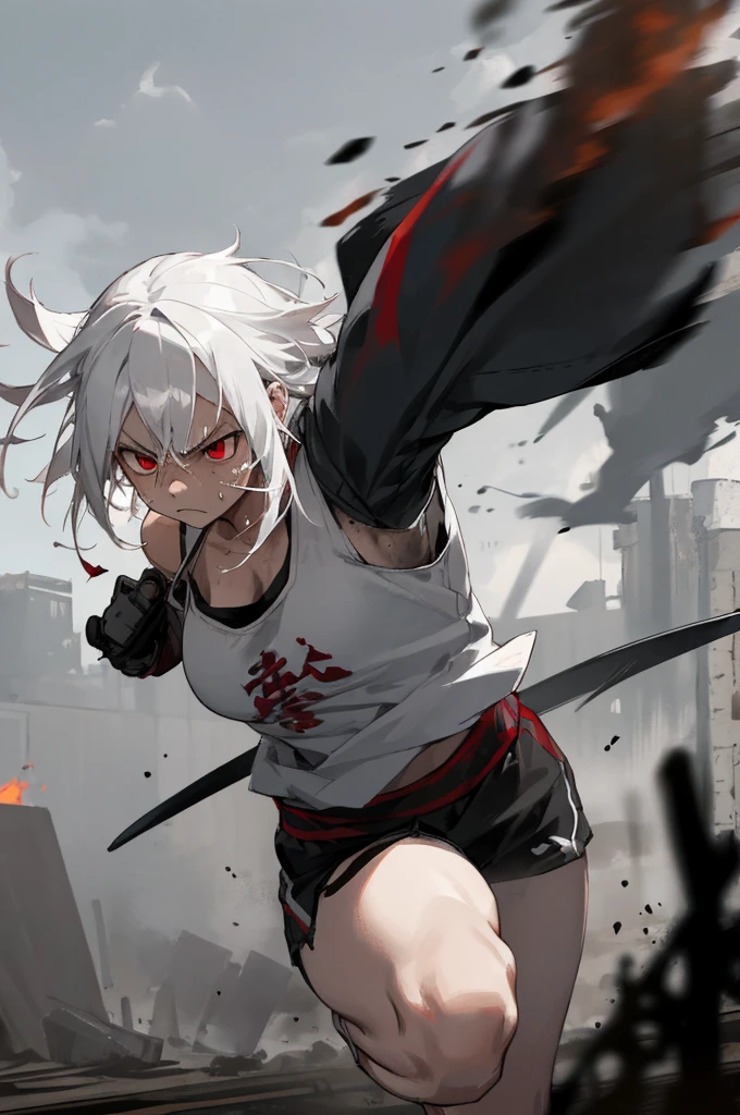 woman, white hair, tank top, short jacket, dirt on face, angry face, red eyes, outdoors background, grey and cloudy, fire in background, katana, dirty clothes, visible breath, cold outside, running