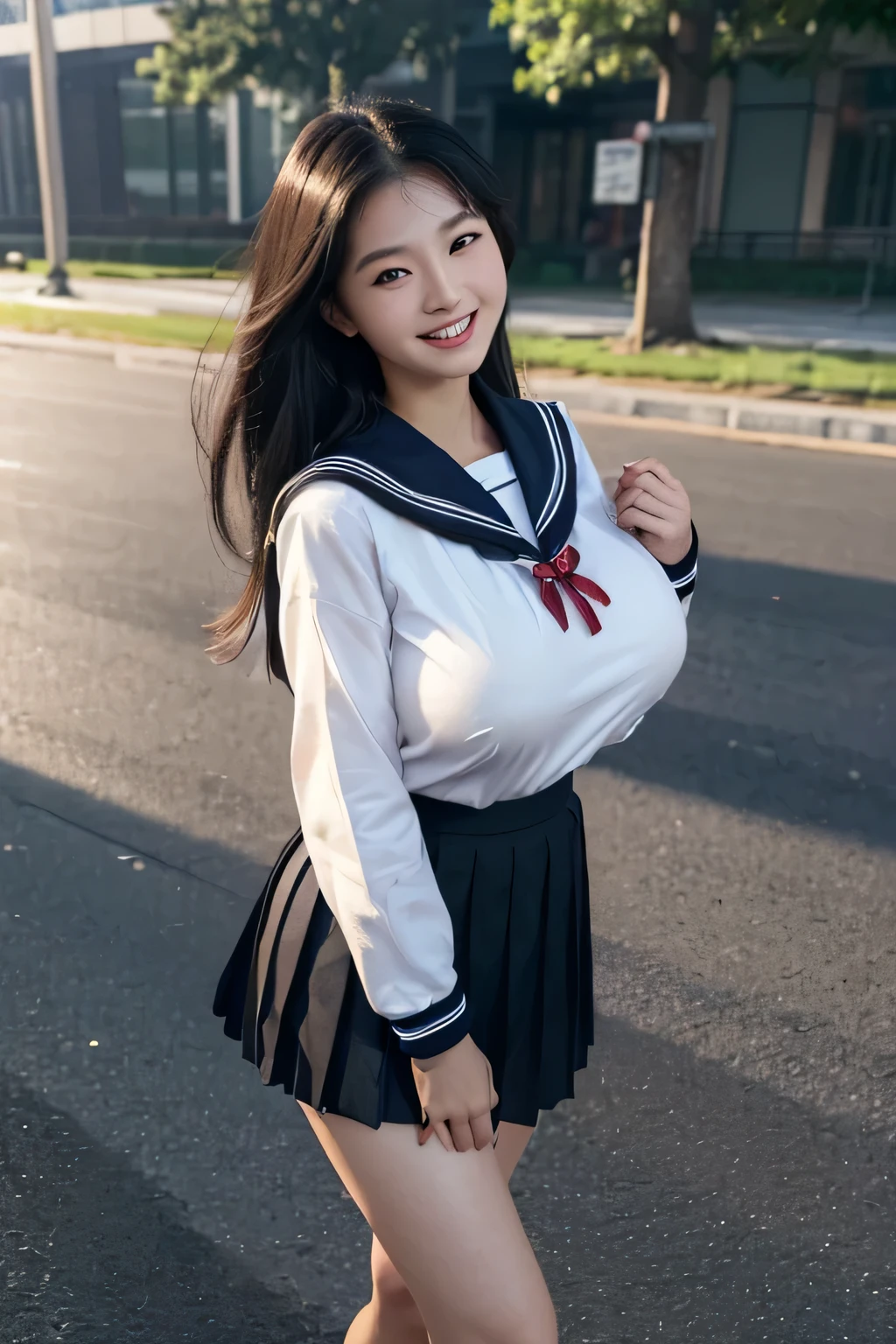 (Hyperrealism, 10, very detailed, highest quality, Very detailed, masterpiece, Ultra-realistic, High Detail, Raw photo, Realistic,）((Walking Path,A moment in the day,Mr.々A pose、Warm season)）,(((Sailor suit, school uniform))), (((Black pleated skirt))), (Black Stockings),(smile、smile、Composition from the front))、highest quality, (((whole body)))、(((big breasts、Ｇcup)))、Beautiful Japanese Girl,Long Hair、Black Hair、 Smiling in a sexual way, ((Accurate Clothing、Accurate human body))