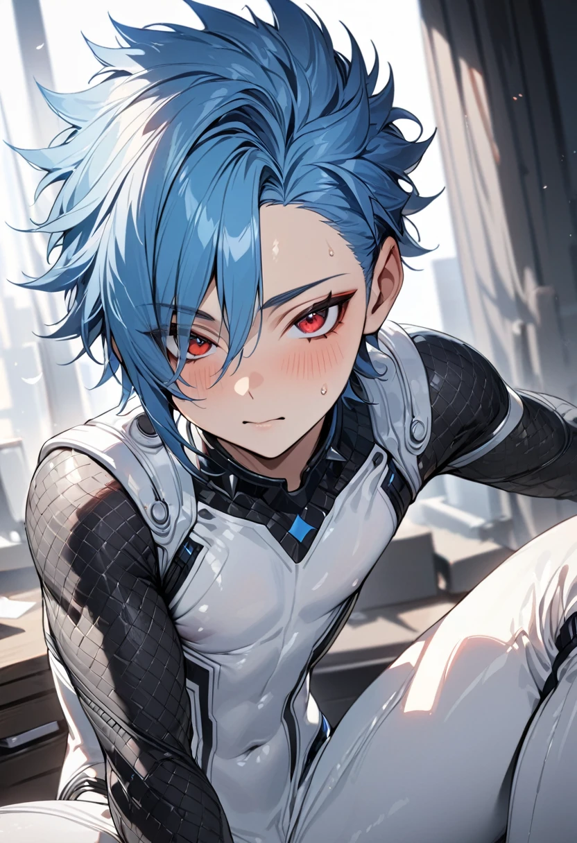 high quality,(best quality,4K,a high resolution,masterpiece:1.2),super detailed,(1 boy),(solo),juvenile,(Male juvenile), handsome and cute boy,blue hair， spiked hair，，asymmetrical bangs，white bodysuit with black pattern，Red eyes，Single photo，