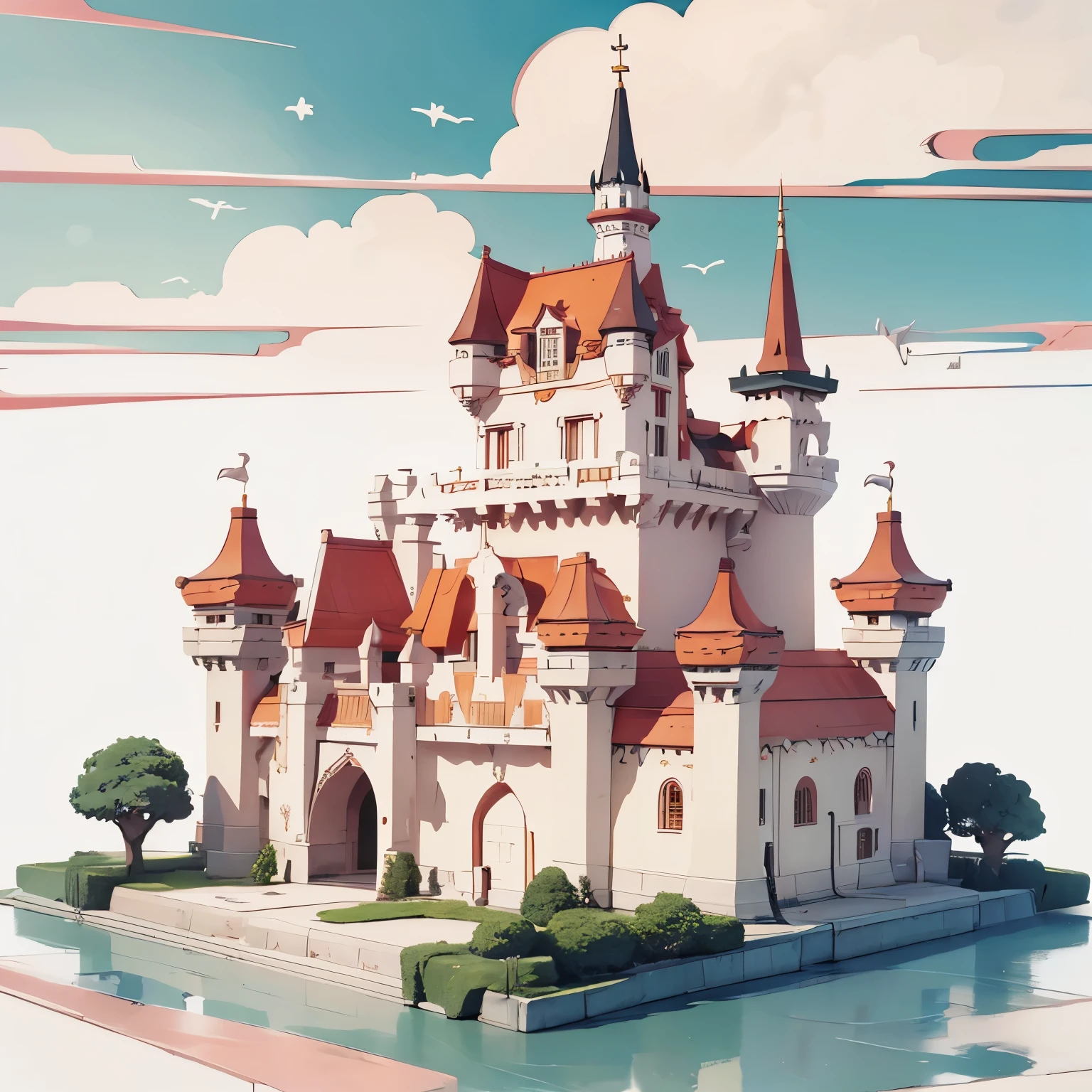 A castle。A kingdom，Language Kingdom，red roof，White walls，Wall tiles，Simple background，White background，Miyazaki style，8K，3D high image quality，Miyazaki style，Cartoon Style，Movie Light Effects，Top view，shadow, Relief, Stereogram, tachi-e, pov, Atmospheric perspective, Film Lighting, 8k, Super Detail, precise, Best quality, UHD, Best quality, high resolution, high quality