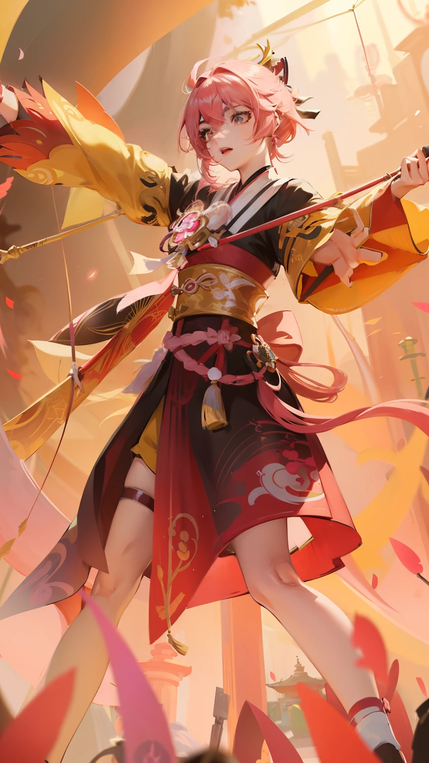 anime girl with pink hair holding a bow and a microphone, artgerm and atey ghailan, zhongli from genshin impact, rossdraws cartoon vibrant, keqing from genshin impact, g liulian art style, anime girl with a bow and arrow, by Yang J, onmyoji detailed art, rossdraws sakimimichan