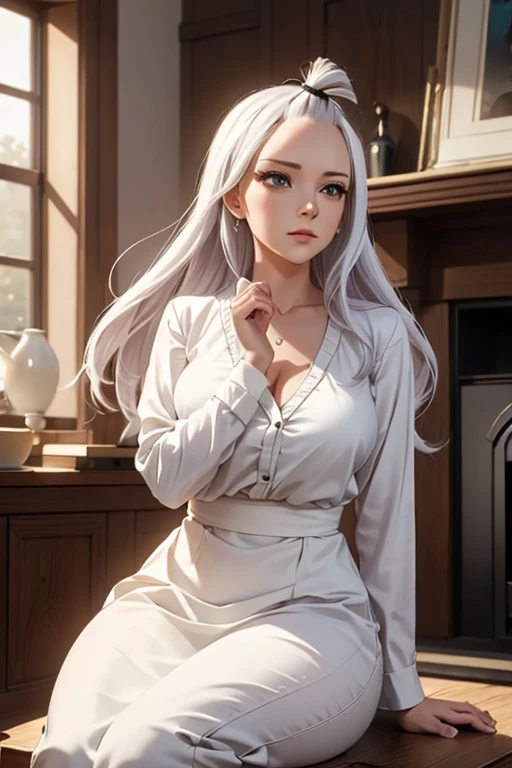 (Mirajane), (Strauss), (white shirt), (sitting), (fireplace), (best quality, 4k, 8k, highres, masterpiece:1.2), ultra-detailed, realistic, photorealistic:1.37