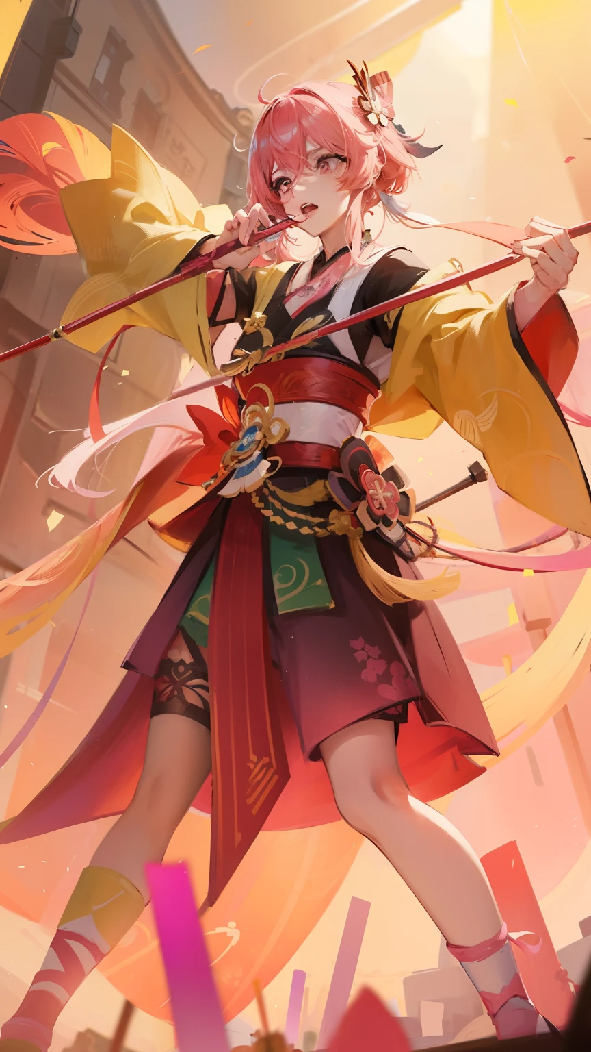 anime girl with pink hair holding a bow and a microphone, artgerm and atey ghailan, zhongli from genshin impact, rossdraws cartoon vibrant, keqing from genshin impact, g liulian art style, anime girl with a bow and arrow, by Yang J, onmyoji detailed art, rossdraws sakimimichan
