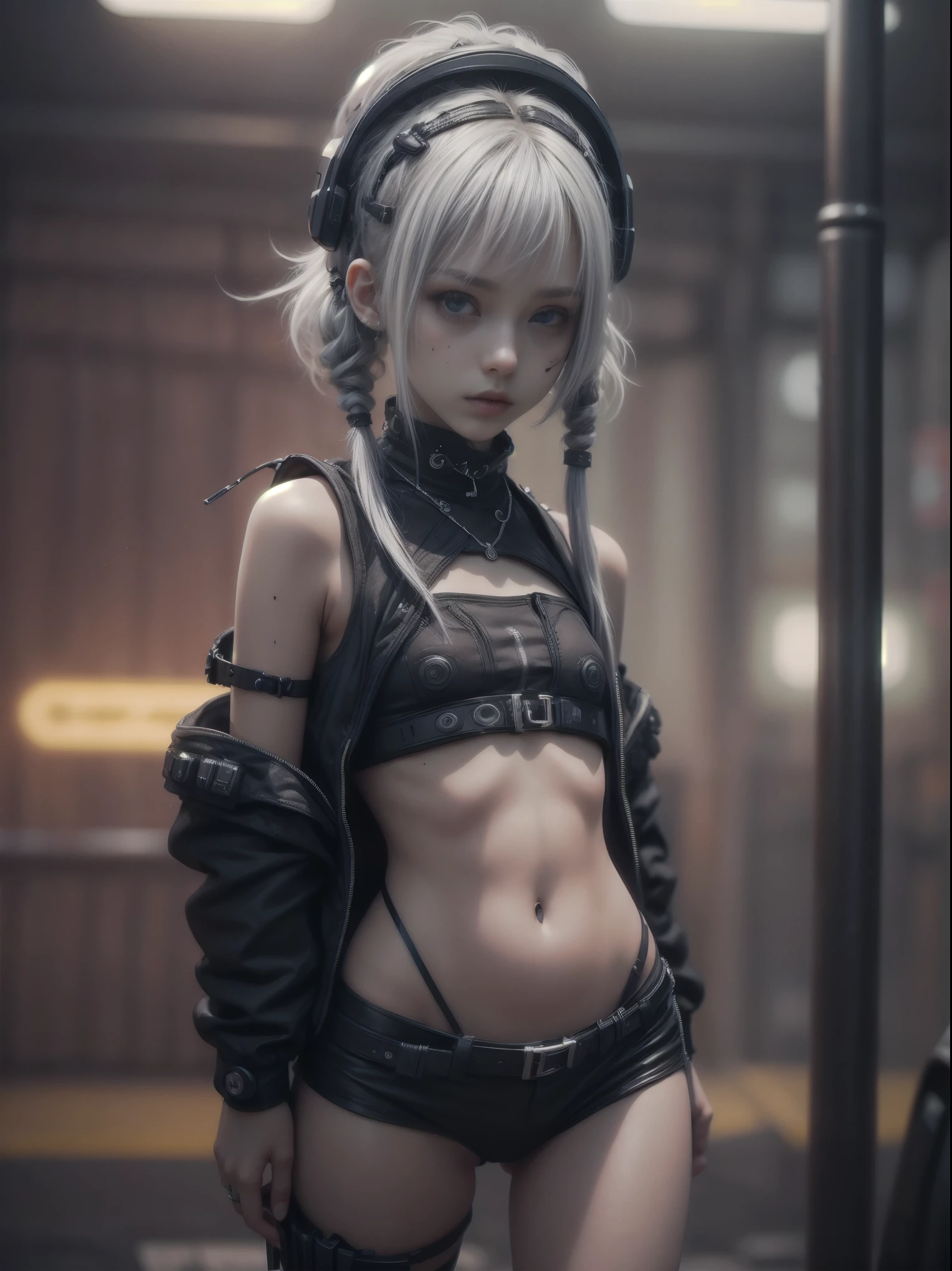 1girl, innocent, alone, ((waiting a bus:1.5)), (view_from_front:1.5), (instagram yanakryukova), (seductive_facial_expression:1.4), sweety, cute, kawaii, perfect face, galactic_young_princess, ((little breasts, flat_chested, small chest:1.6)), ((little nipples, natural nipples)), top model figure, (skinny), (perfect little ass, round ass, long legs, slim legs), pale skin, soft skin, caucasian ager, slender girl, natural make-up on eyes only, perfecteyes, black_eyes, (innocent_looking:1.4), oval jaw, freckles, natural_beauty, (white hair, bright pink hair, dreadlocked pigtails, long bangs, drill hair), ((she is Nude)), ((wearing nothing)), ((cute neon head accesories:1.6)), punk_hair_ornaments, pastel_goth, punk, fantasy_princess, necklace, earring, cute 18 years old girl, skinny young girl, white theme, (bokeh, depth of field, blurry background, light particles, fog), ((detailed sci-fi cyberpunk bus stop background:1.6)), ((real life, realistic, profesional photography, photo_realistic, hyper_realism, ultra-detailed)), photography by Tim Walker, Tim Walker masterpiece, best_quality, 8K, soft tones, pastel tones, low saturation, (contrast:0.3), muted colors, cold light, neon, Ex_Machina_movie, studio light