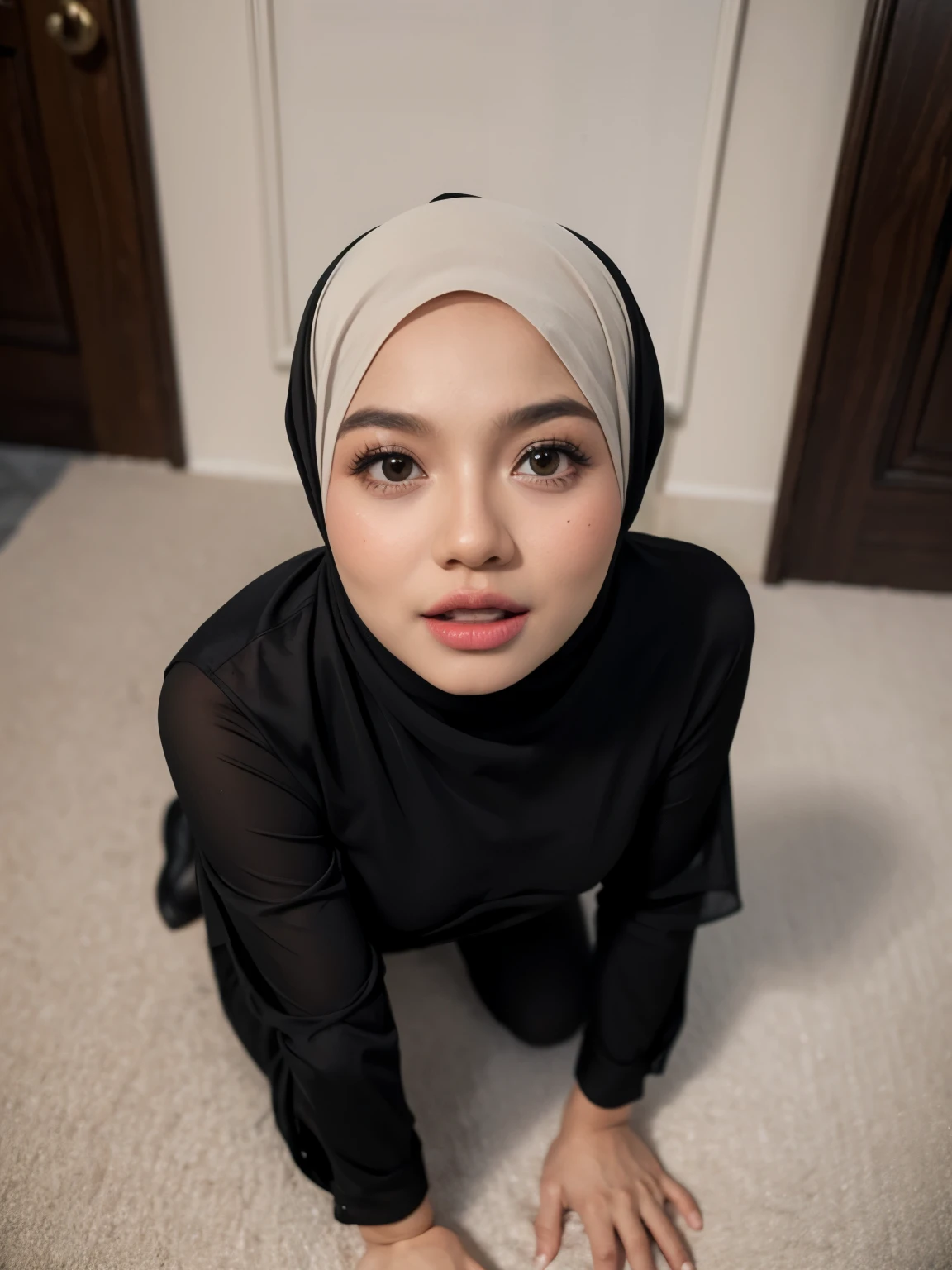 (nude), (((HIJAB MALAY GIRL))), masutepiece, High quality, UHD 32K, Realistic face, Realistic skin feeling , A Malay Lady, 8 years old, , Very cute and baby-like face, (((medium CHEST))) dark nipple, full body, dark pussy (crouch) (MATRIX WORLD), ((looking up)), open big mouth (((to kneel))), (((CUTE GIRL))), ((BLACK LIPS)), ((realistic body shape)), large wet cum on breast