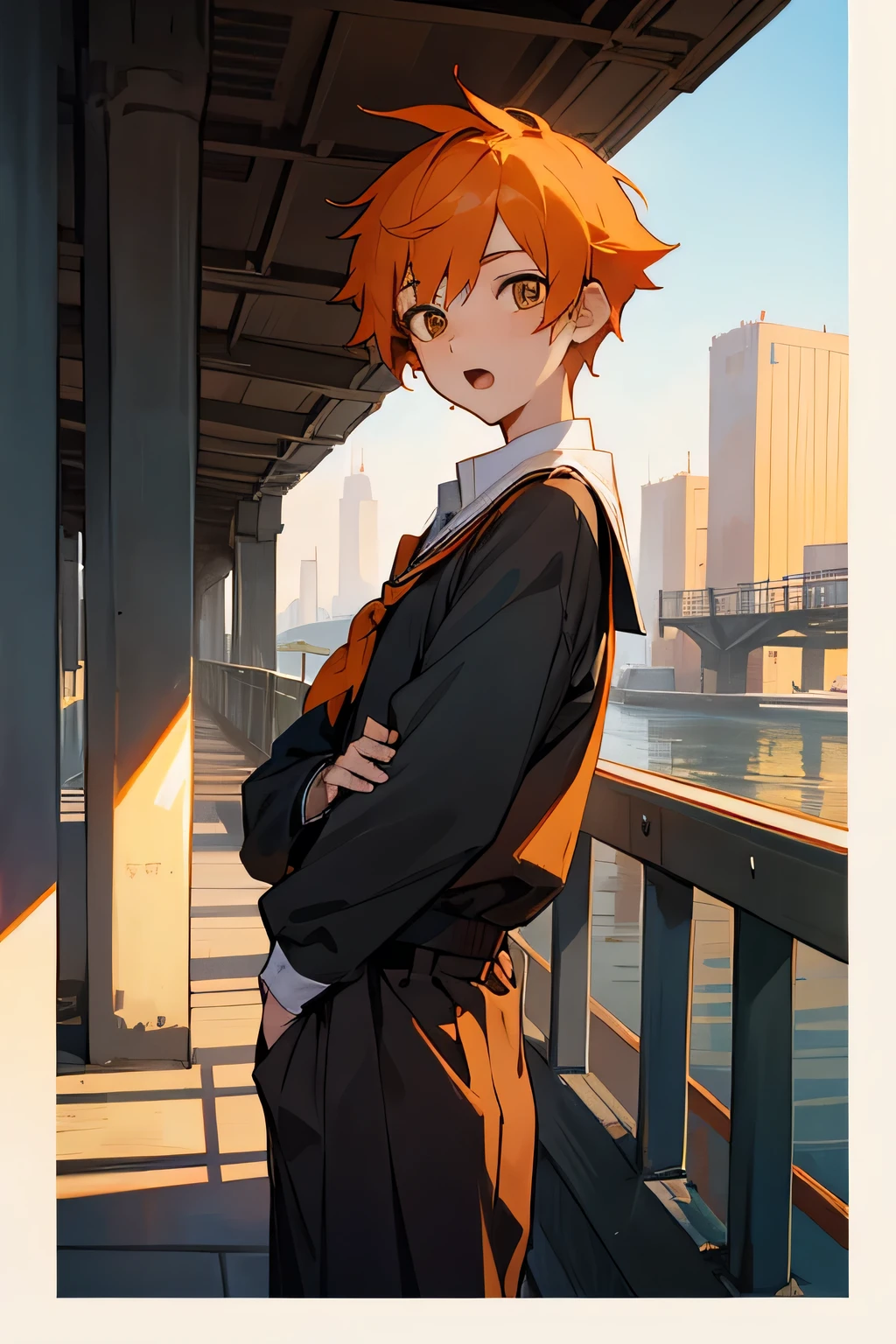 Please play the role of a boy with short orange hair and wearing a school uniform. The right side of the bridge is open and the mouth is open.