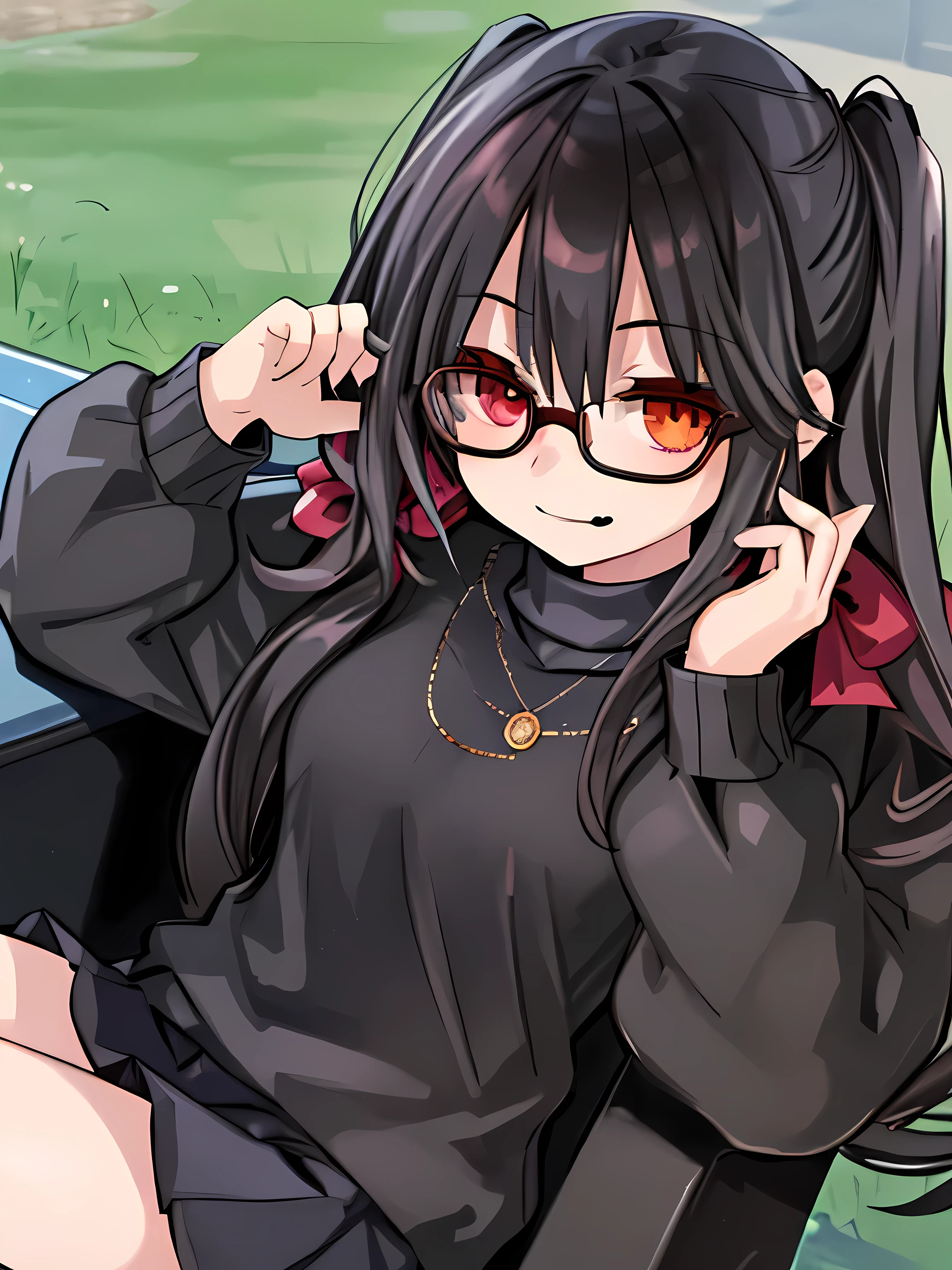 1girl, sitting, at the park, casual clothes, glasses, twintail hair, black sweater, short skirt, evil smile, (masterpiece), High resolution, detailed, background detail, Staring at the viewer 