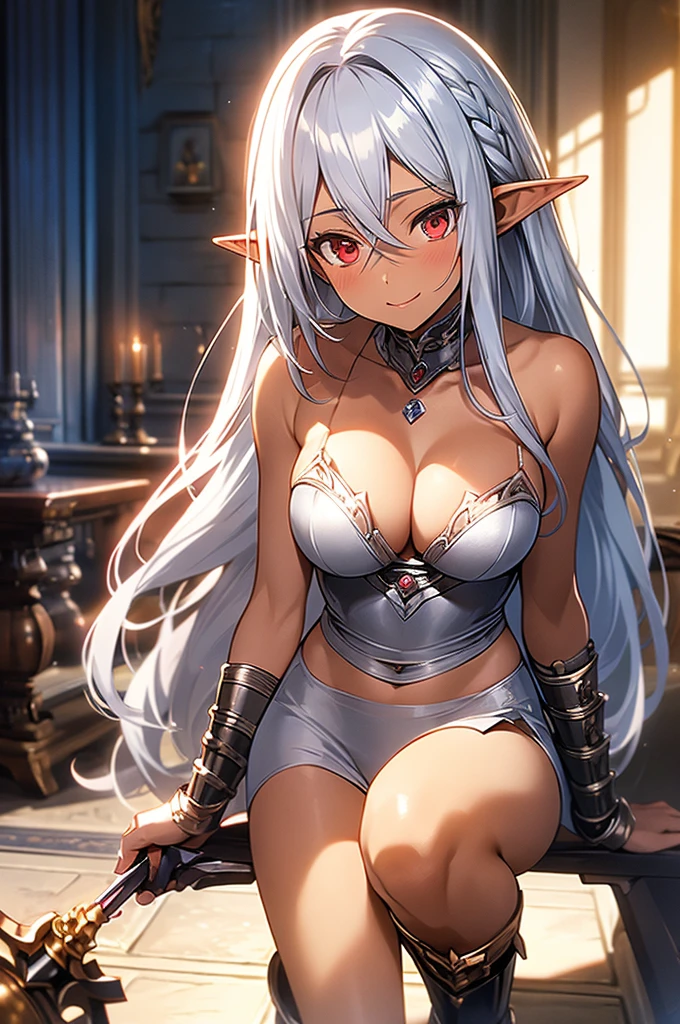 An elf woman, tanned black skin, beautiful silver hair, pointed ears, beautiful red eyes, silver armor, red underwear, cleavage, silver boots, inside the royal palace, looking at the viewer. , smile, bust up,