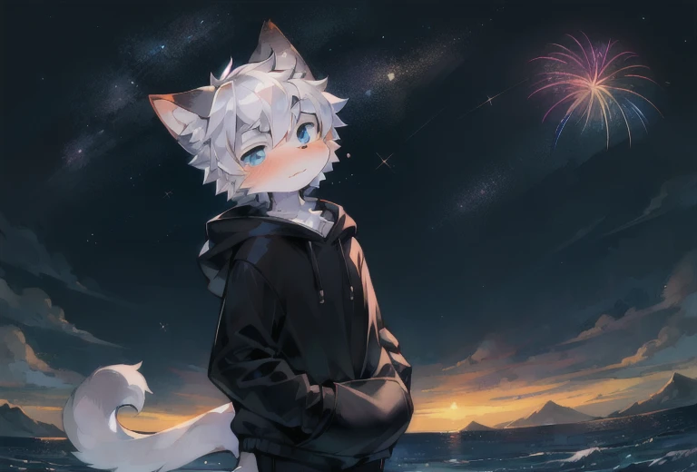 starry_sky, moon, crescent_moon, night_sky, night, shooting_star, sky, galaxy, starry_sky_print, male_focus, full_moon, aurora, milky_way, furry, 1boy, constellation, moonlight, solo, furry_male, starry_background, embers, fireworks,blush, detailed_background,amazing_background,white and gray fur, cat boy, black hoodie, massive long cat tail, blue eyes, white hair,detailed face,detailed eyes,head tilt, turning head, shy, ocean view, birds flying in background, inflation