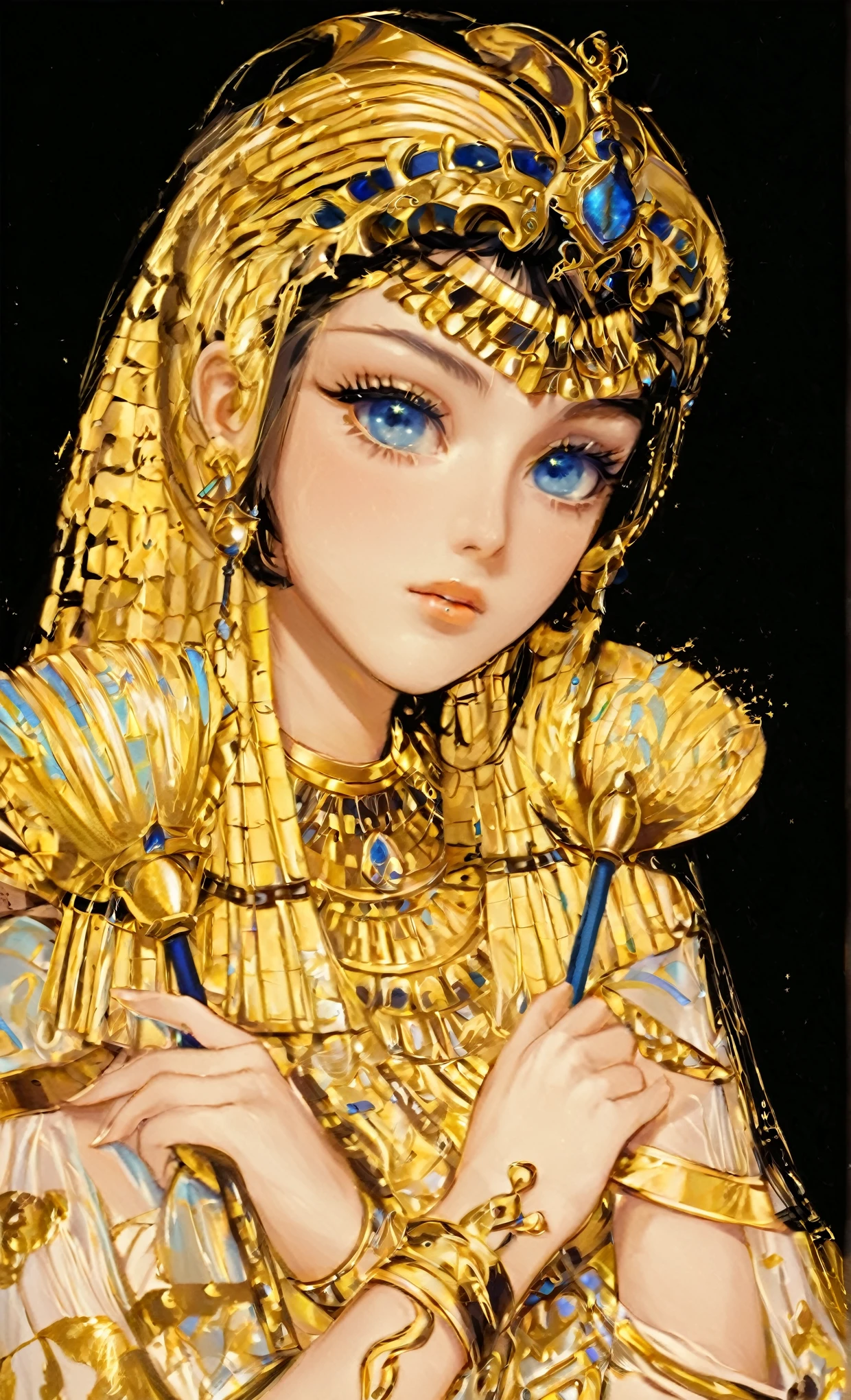 A man wearing a golden costume、Close-up of a woman with blue eyes, Cleopatra portrait, beautiful Cleopatra, detailed digital Anime Art, An Egyptian princess, detailed Anime Art, Cleopatra, detailed Anime Artwork, Detailed anime character art, Portrait of zodiac girl knight, ((beautiful fantasy queen)), goddess. extremely high detail, Type Germ. Anime illustrations, Anime Art