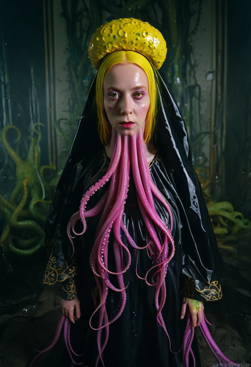8K, ARTISTIC photogrAphy, best quAlity, mAsterpiece: 1.2), A (potrAit:1.2)  witch BLOOD Toon Doll Cthulhu nun QUEEN, EYES, PINK many octopus style tentacles, full body RAW candid cinema, yellow hair, 16mm, color graded portra 400 film, remarkable color, ultra realistic, sad admosphere, dark lighting, oppressive atmosphere, depressive colors, kodak portra 400, photograph,r, Natural Light, Pinhead lighgts, blur reflection, Brush Strokes, Smooth, abstract, Splatter, Oil On Canvas, rainbow colors, fractal isometrics details bioluminescens : a stunning realistic photograph of wet bone structure, 3d render, octane render, intricately detailed, titanium decorative headdress, cinematic, trending on artstation | Isometric | Centered