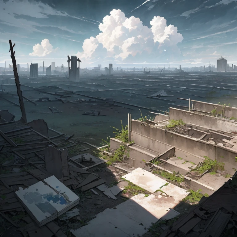(illustration:1.1),(best quality),(masterpiece:1.1),(panorama shot:1.3),(full body:1.25),(solo:1.2),highres,(watercolor) a post-apocalyptic wasteland with desolate ruins and overgrown vegetation reclaiming the decaying structures. the sky is filled with ominous storm clouds, hinting at an impending storm. harsh winds sweep through the abandoned streets, carrying dust and debris. the scene evokes a sense of isolation and survival, with remnants of the past serving as a reminder of a lost civilization.