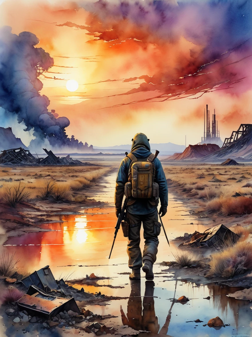 New Dawn Apocalyptic Sunset Watercolor Painting, Wasteland,The post-nuclear world,detailed, Practical, 8K Ultra HD, high quality