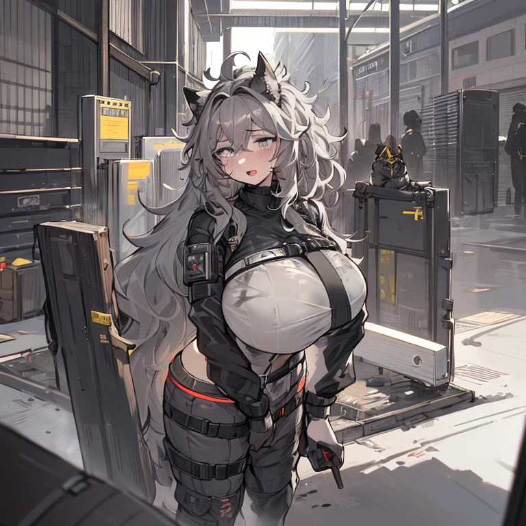 top quality, best quality, High-quality illustrations, masterpiece, super high resolution, detailed background, detailed eyes, shy, absurdres(highly detailed beautiful face and eyes)perfect anatomy(kemono, furry anthro), (((character is grayscale))), streamlined integrated breasts tubes connected to valves on nipples and lead down and behind her torso, smaller waist, full squishy thighs, full wide hips, round full butt, smaller torso, more narrow torso, (((Tight tactical bodysleeve worn under clothing))), (((wearing tight fitted white zipped shirt))), (((black fur))), (((dark body))), (((no nudity))), solo, female, kemono, hair, fullbody view, standing up straight, not leaning over, (((detailed eyes))), silver reflective colored iris, city, golden hour, plants, (((by bebebebebe))), by buta99, by pgm300, by kishibe, by suurin 2, by sindoll, by secretly saucy, by ANUKI_ex, (((dark grey hair))), (((wavy hair))), (((black fur))), (((no fur pattern))), (((all black body))), (((black body))), feline, cat, glasses, scifi cyberpunk techwear cargo pants with utility straps, tight bra with thin straps and underbust support that struggle to hold breasts that squish and barely fit with excess breast squishing out from cleavage and sides worn under jacket and over shirt, bra zips in the middle, bra straps connecting to harness for support, techwear crop jacket, harness supports breasts, scifi devices and tactical gear, tech harness, utility focused clothing, scifi tactical cylinder canister attached horizontally to her belt behind her with subtle tubes leading out from each side through her clothing and up to her breasts, high collar top, (((dark grey eyes))), open mouth, facing camera, (((messy hair))), short hair, messy ponytail, full body covered in black fur, freckles on her thighs back and arms, no fluids, (((zzzz-cup size breasts))), (((very large swollen breasts that have difficulty fitting in clothing))), nipple silhouette from clothing, inverted nipples, puffy nipple,