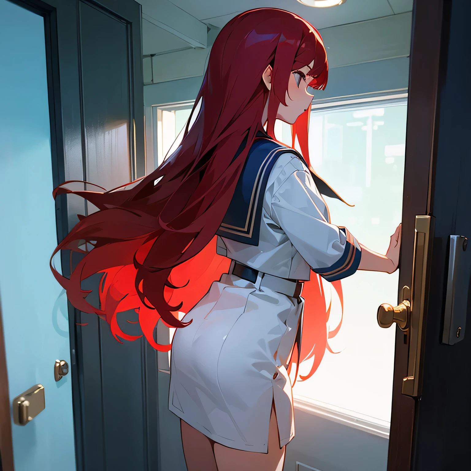 Red long hair girl,Wearing sailor suit, back view and holding door handle, side face,side body