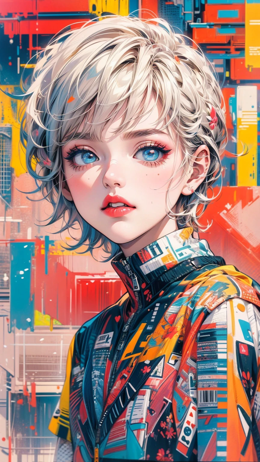 (masterpiece, High resolution, highest quality), Pop art style digital artwork, 20-year-old woman, Avant-garde makeup, short hair, Structure from head to thighs:1.3, Focus on the upper body, mixed-media approach, Anime Style, Simple lines, Digital Painting,