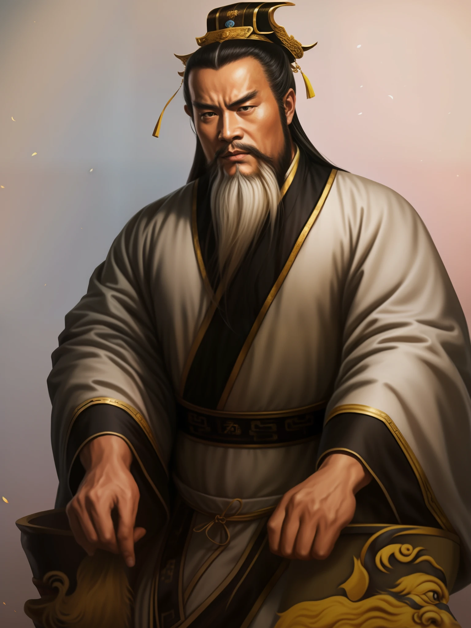 A painting of a man with a long beard, inspired by Wu Daozi, Inspired by Hu Zaobin, inspired by Cao Zhibai, Inspired by Dong Yuan, Inspired by Li Gonglin, Inspired by Wu Li, inspired by Zhao Mengfu, bian lian, Inspired by Wu Bin, inspired by Wu Zuoren