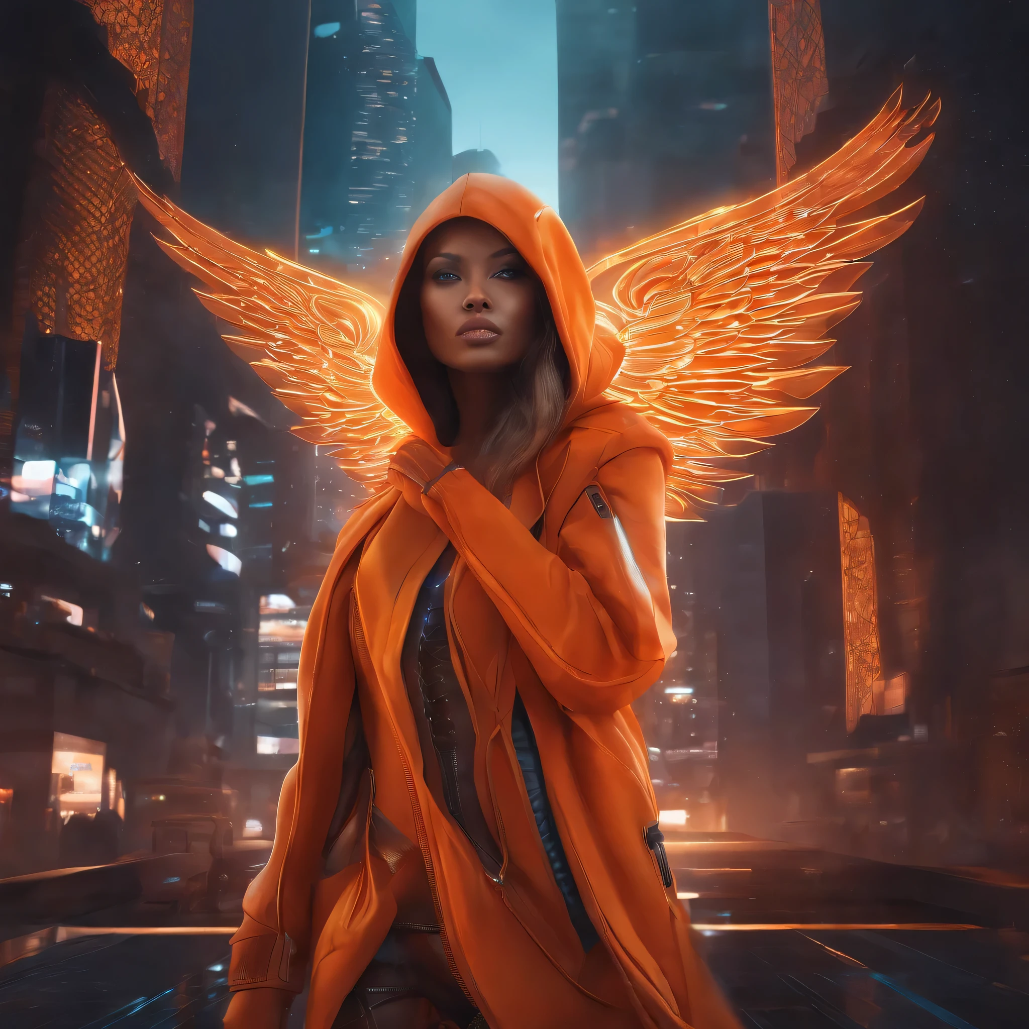 A striking digital illustration of a futuristic phoenix woman, fusing avant-garde fashion and biomechanical armor. She wears an orange hoodie integrated with her cyber clothing, symbolizing the harmony between technology and style. The background showcases a dystopian cityscape with soaring skyscrapers, neon lights, and holographic billboards, creating a futuristic atmosphere., dark fantasy, graffiti, dark fantasy, 3d render, anime, vibrant, fashion, architecture, photo, painting