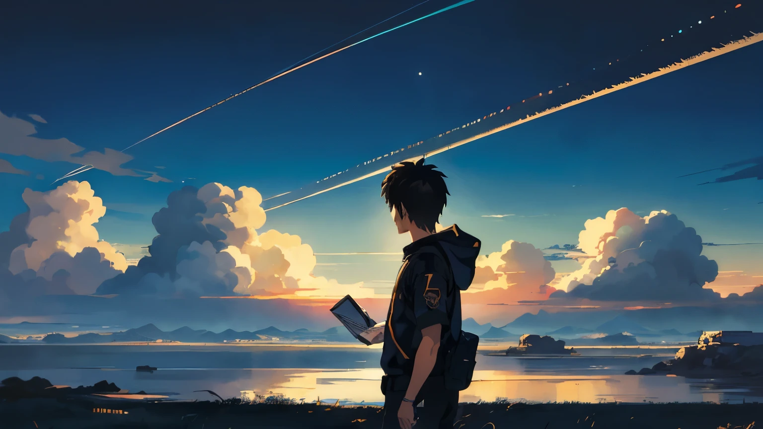 ((highest quality)), ((masterpiece)),  Perfect face 4K resolution high quality Japanese anime style illustration,He is writing something intently in the notebook he is holding.,In his expression、It is filled with complex emotions as you try to understand your girlfriend deeply.,The man&#39;s face and body are detailed、You can see his determination and his struggle.,Vast Sky, Beautiful skyline, vast grassland, Very tense and dramatic photo, Moving visual effects, Colorful natural light. Windbreaker
