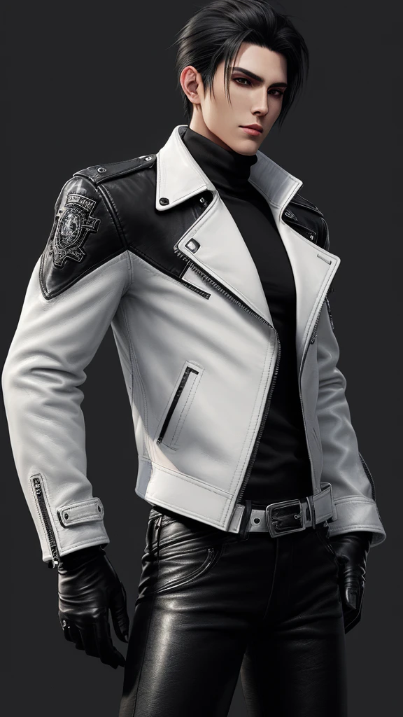 Final Fantasy-style graphics, young, Cute and cool Japanese boys, Thin eyebrows and big eyes, He is wearing a shiny white single-breasted leather jacket...。Biker style leather jacket、 with epaulettes, The jacket is zipped up, The jacket pockets are black., The jacket has a high stand-up collar with a belt, Also wearing a black turtleneck, black leather pants, Thin black leather gloves on both hands, Black leather knee-high lace-up boots, Show me your whole body from head to toe, Final Fantasy Style、((good looking))、((Clear eyes and nose))、((Shiny white single leather jacket))、((The jacket must be white))((The jacket has epaulettes))、((The jacket has a high stand-up collar and a belt.))、((The jacket has a black pocket))、((Black turtleneck shirt))、((光沢のあるblack leather pants))、((Shiny black leather gloves on both hands))、((Black lace-up leather long boots))、((View the whole body image from a distance))、Realistic image quality and texture、In a small cell、close your eyes、A kind smile、((The jacket is closed with a zipper))、((No exposed skin below the neck))