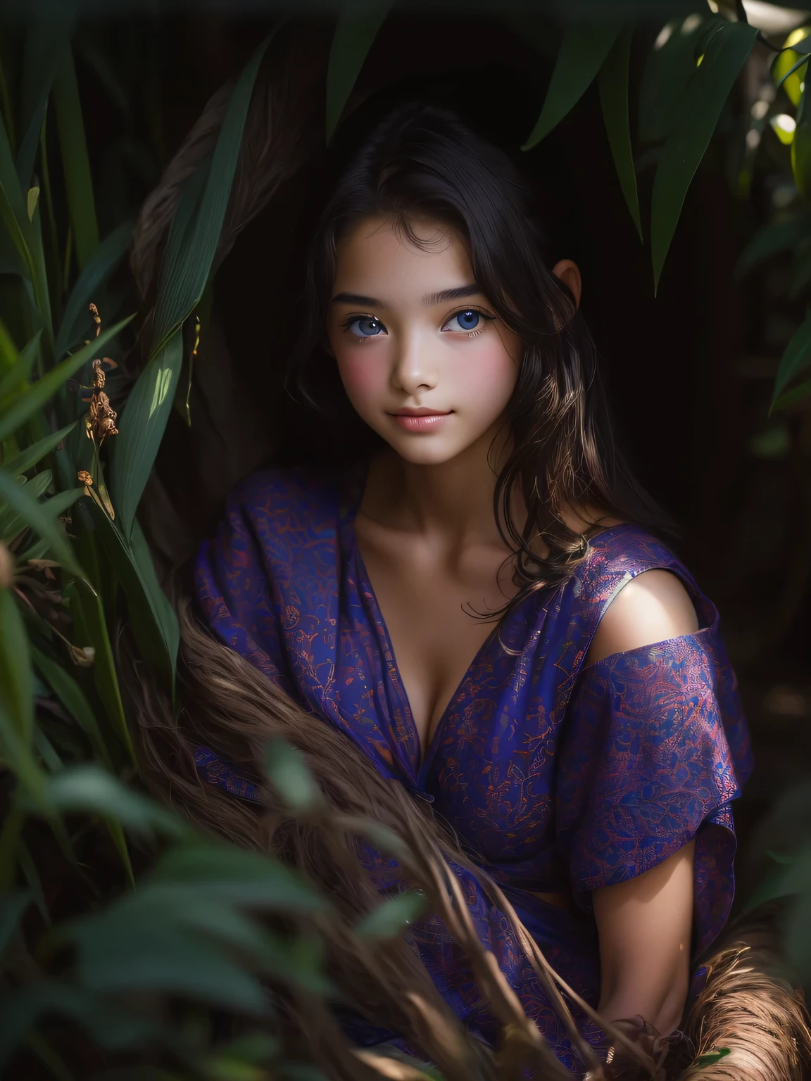((rachel brockman)) a portrait photograph of a beautiful ((15 year old)) girl, award winning photo, best quality, portrait by annie leibovitz, canon 5d mark ii, film, professional photograph, (rich colors:1.1), hyper realistic, lifelike texture, (natural lighting:1.1), (Canon EF 85mm f/1.4L IS USM), dramatic lighting, (highly detailed face:1.4), perfect eyes, realistic iris, perfect teeth, (smile:0.7), (background dark, shadow of the leaves), ((cleavage)), (red bikini)