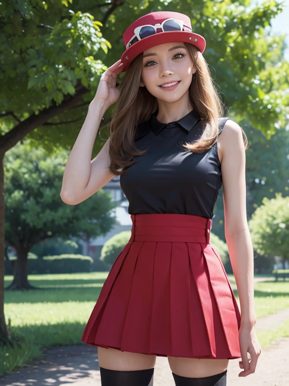 hyper realistic, (masterpiece:1.4), ((best quality)), (detailed), absurdres, 4k, teen, serena \(pokemon\), solo, pretty 1girl, blue eyes, hat, eyewear on headwear, black shirt, sleeveless shirt, red skirt, red high-waist skirt, thighhighs, detailed eyes, detailed face, shiny skin, looking at viewer, smile, teeth, outdoors, sky, pose, cowboy shot, on the forest, modeling