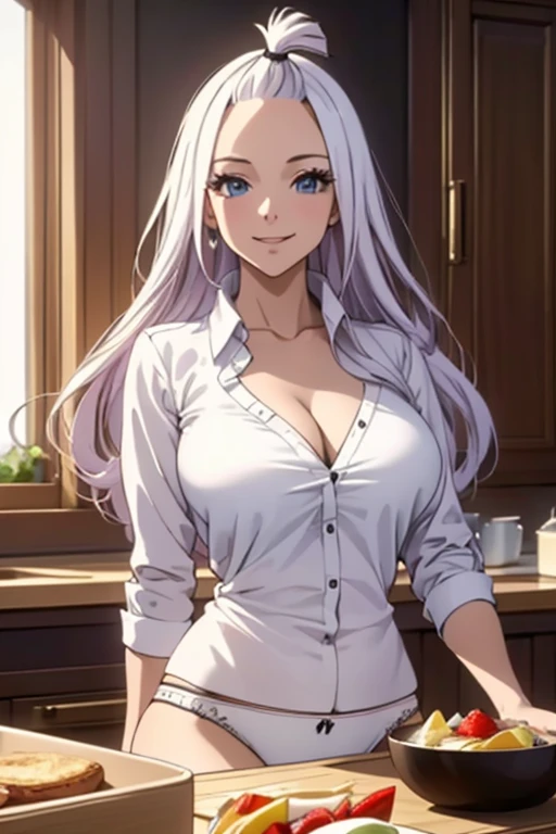 (best quality,4k,8k,highres,masterpiece:1.2),ultra-detailed,realistic,photorealistic:1.37,  Mirajane Strauss with a beautiful smile wearing a long white shirt and panties, preparing her breakfast 